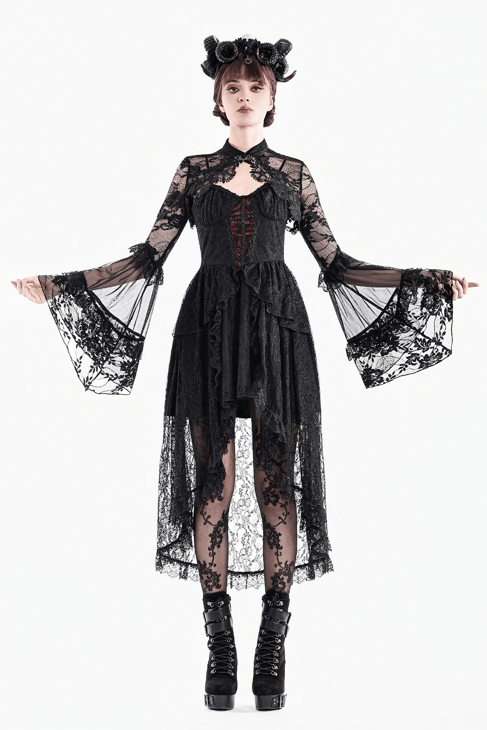 Women's Gothic Floral Lace Bolero with Bell Sleeves worn by model featuring sheer ruffles and intricate detailing.
