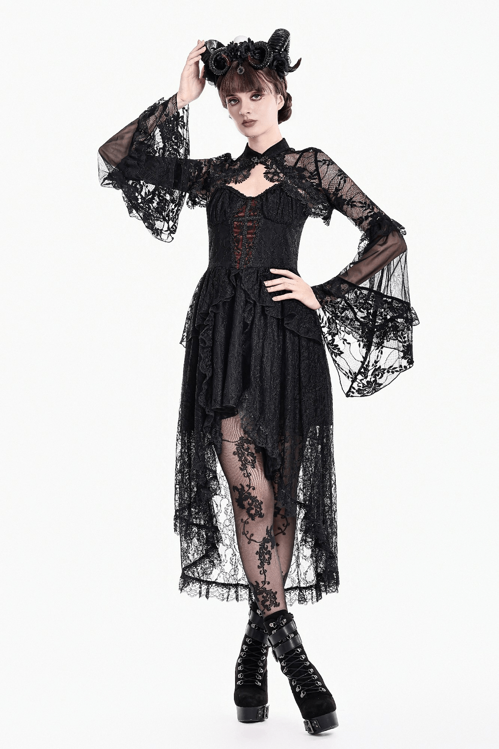 Women's Gothic Floral Lace Bolero with Bell Sleeves worn with floral lace stockings and dramatic accessories