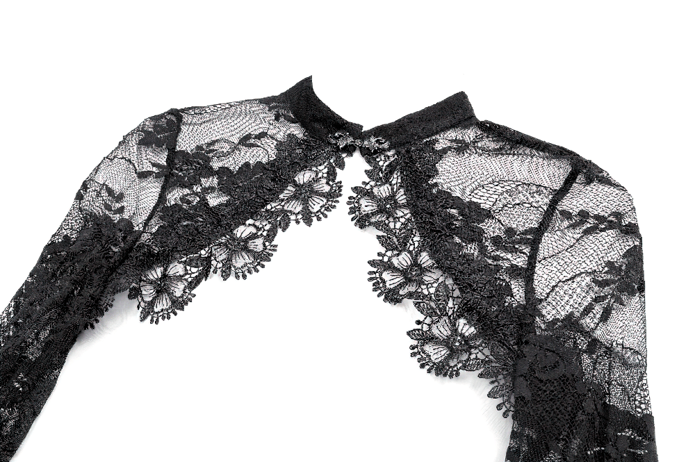 Women's Gothic Floral Lace Bolero with Bell Sleeves showcasing delicate sheer ruffles and intricate floral lace details.