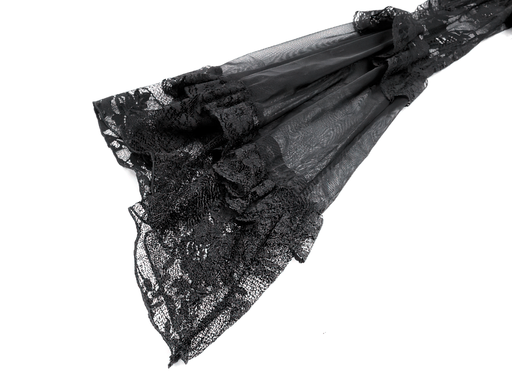 Women's Gothic Floral Lace Bolero with Bell Sleeves featuring sheer ruffled cuffs and intricate floral lace design.