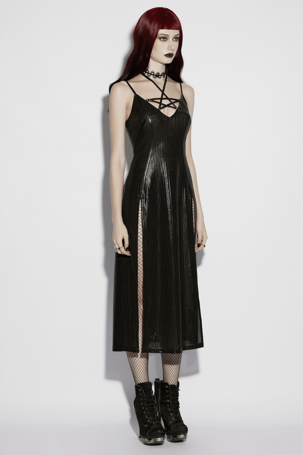 Alt Tag: Women's Gothic Halter Striped Maxi Slip Dress in black glossy striped knit with star halter collar, lace-up back, maxi silhouette