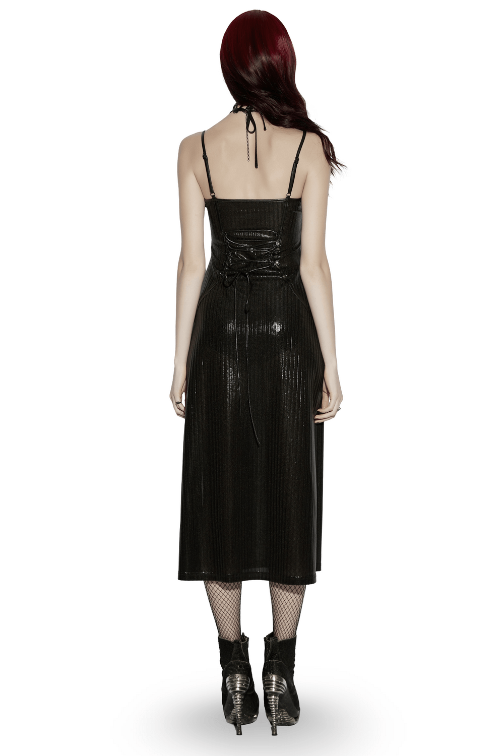 Alt Tag: Women's Gothic Halter Striped Maxi Slip Dress back view, lace-up detail, glossy black striped knit, mermaid shimmer maxi fit