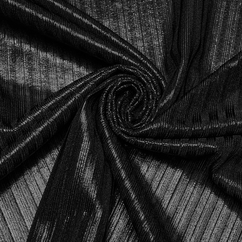 Alt Tag: Women's Gothic Halter Striped Maxi Slip Dress glossy black striped knit fabric close-up with shimmery elastic texture, punk-ready