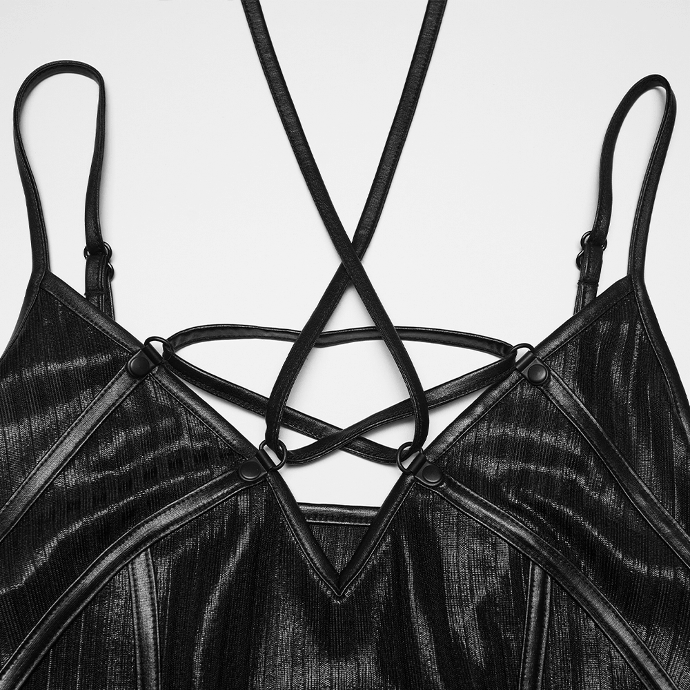 Alt Tag: Women's Gothic Halter Striped Maxi Slip Dress black glossy striped knit with lace-up back and crisscross halter straps close-up