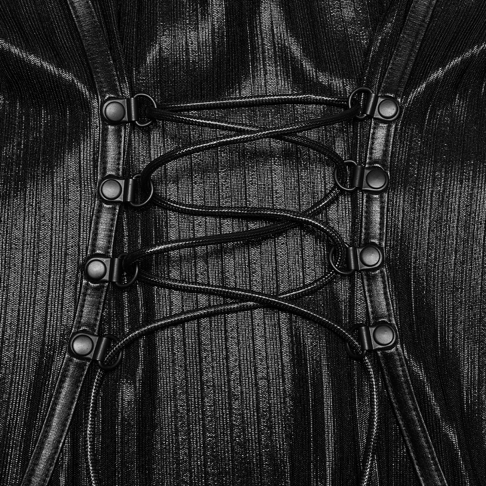 Alt Tag: Women's Gothic Halter Striped Maxi Slip Dress close-up of lace-up back detail on glossy striped knit fabric