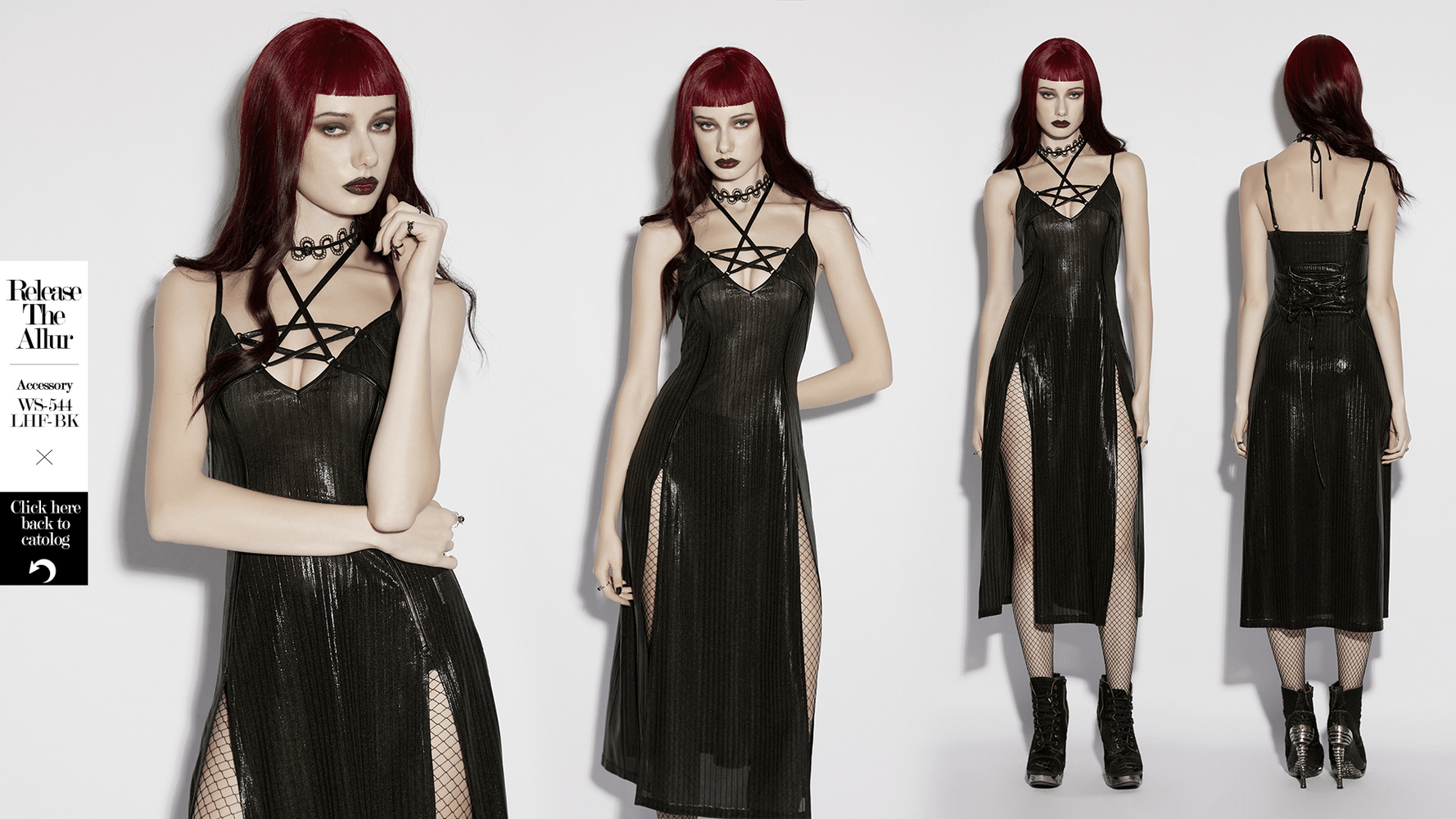 Alt Tag: Women's Gothic Halter Striped Maxi Slip Dress with star halter collar, lace-up back and glossy black maxi silhouette