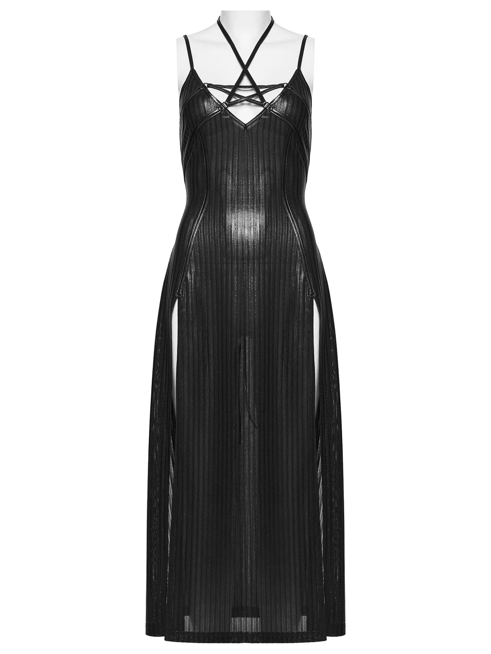 Alt Tag: Women's Gothic Halter Striped Maxi Slip Dress in black glossy striped knit with star halter collar and lace-up back detail