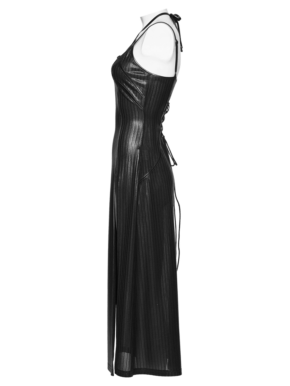 Alt Tag: Women's Gothic Halter Striped Maxi Slip Dress in black glossy striped knit, star halter neckline and lace-up back, side view