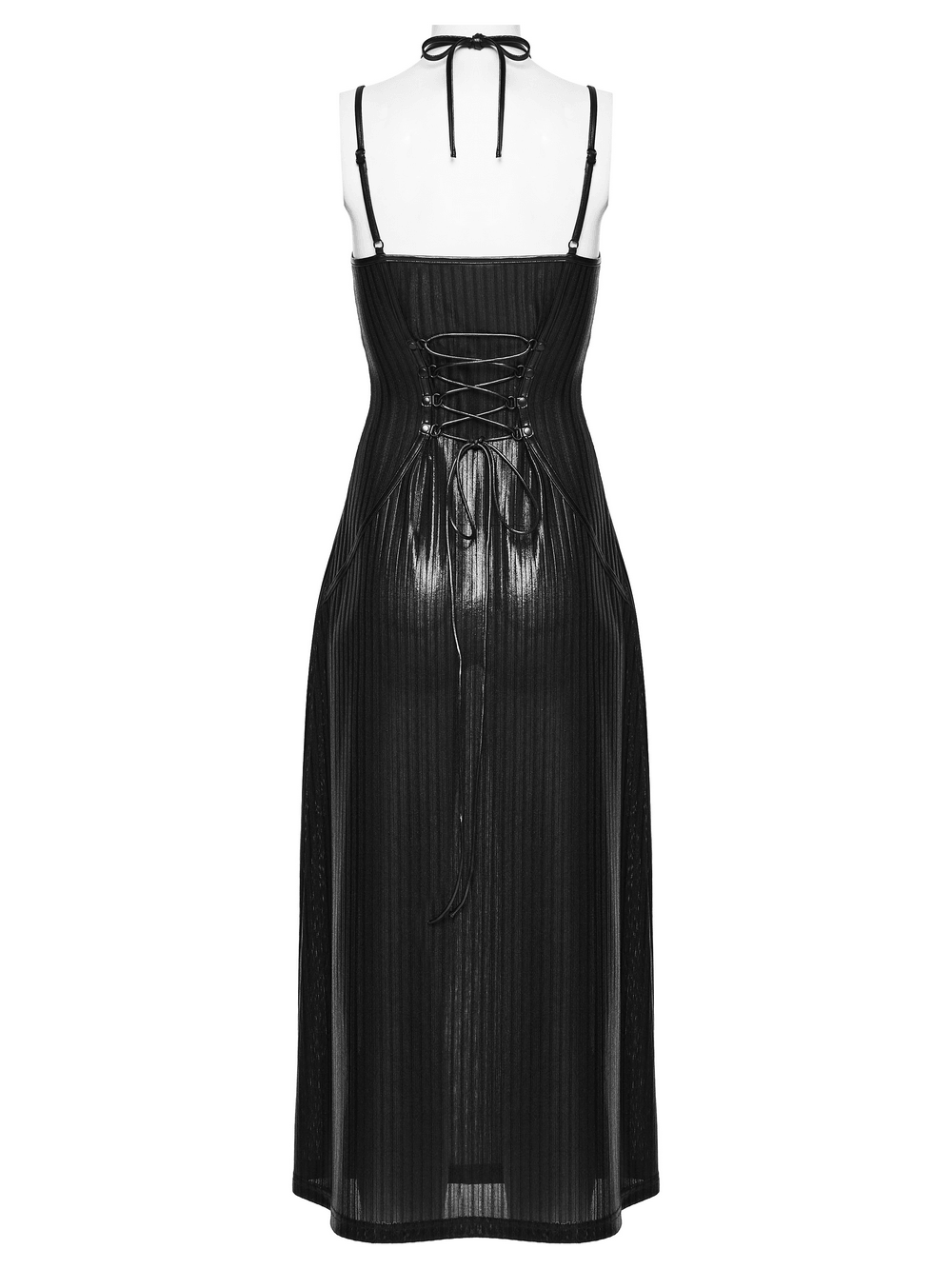 Alt Tag: Women's Gothic Halter Striped Maxi Slip Dress black glossy striped knit with star halter collar and lace-up back, maxi silhouette