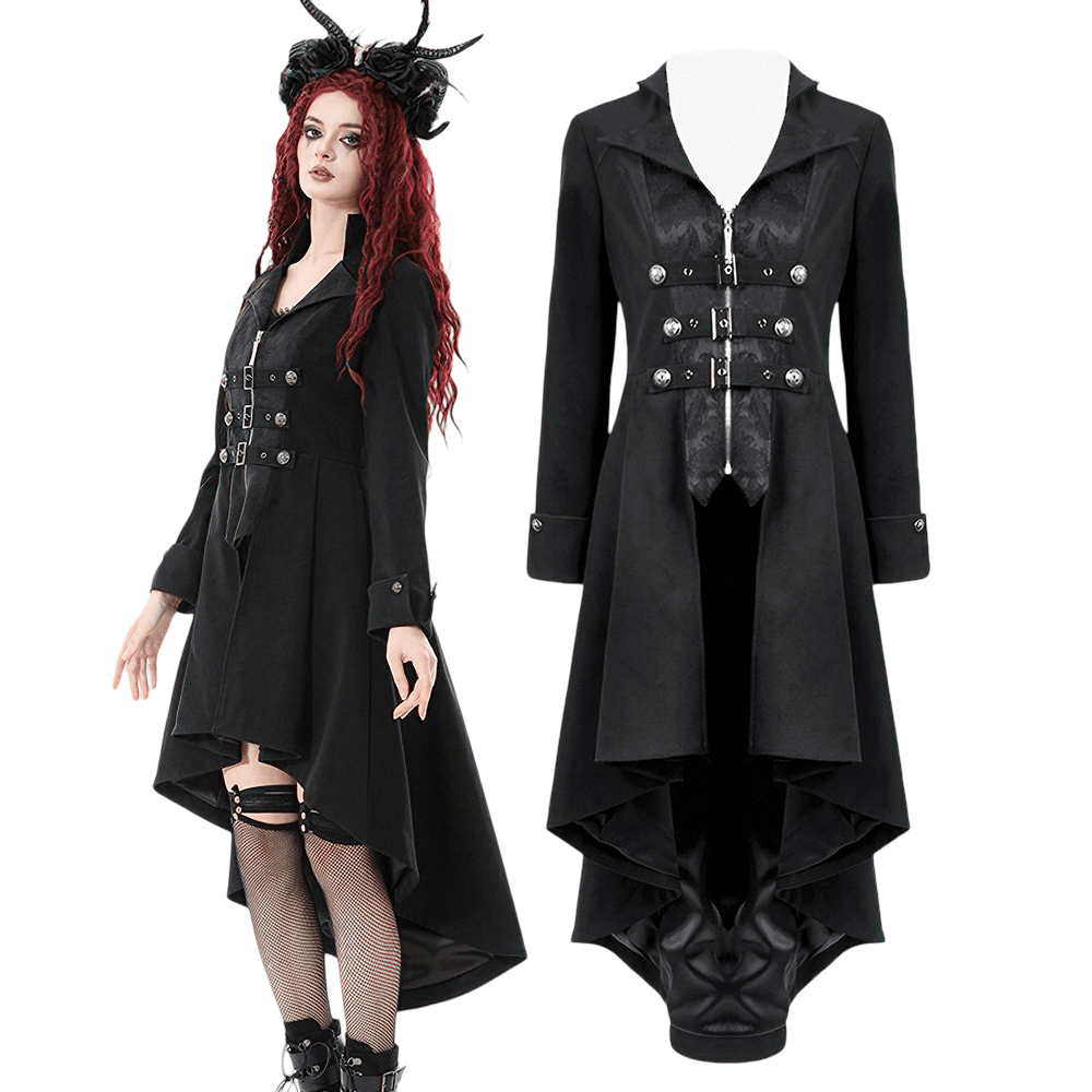 Women's Gothic High-Low Coat with Buckles and Lace-Up styled with lace-up corset back and high-low hemline.