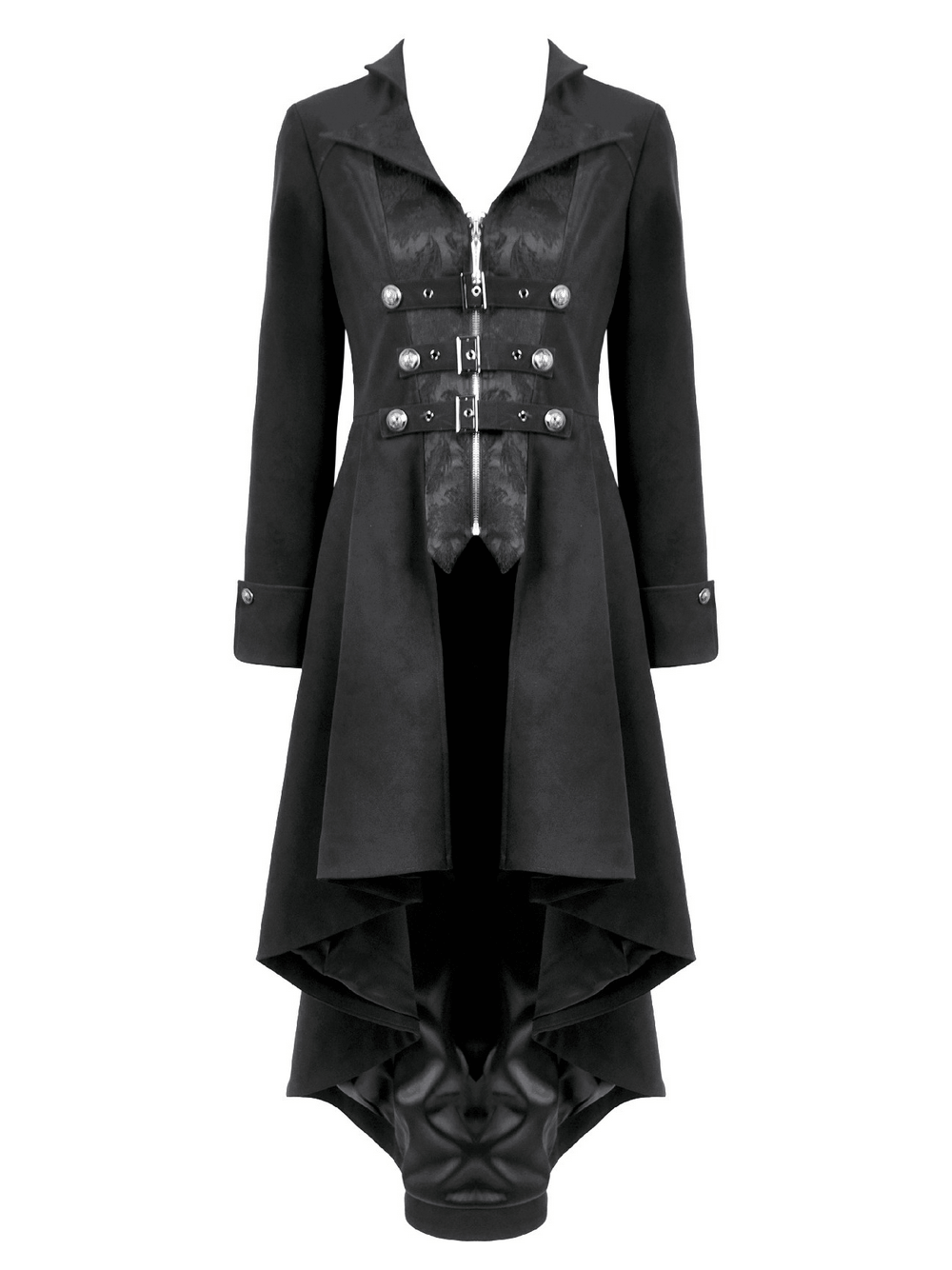 Women's Gothic High-Low Coat with Buckles and Lace-Up showcasing elegant design and fitted silhouette.