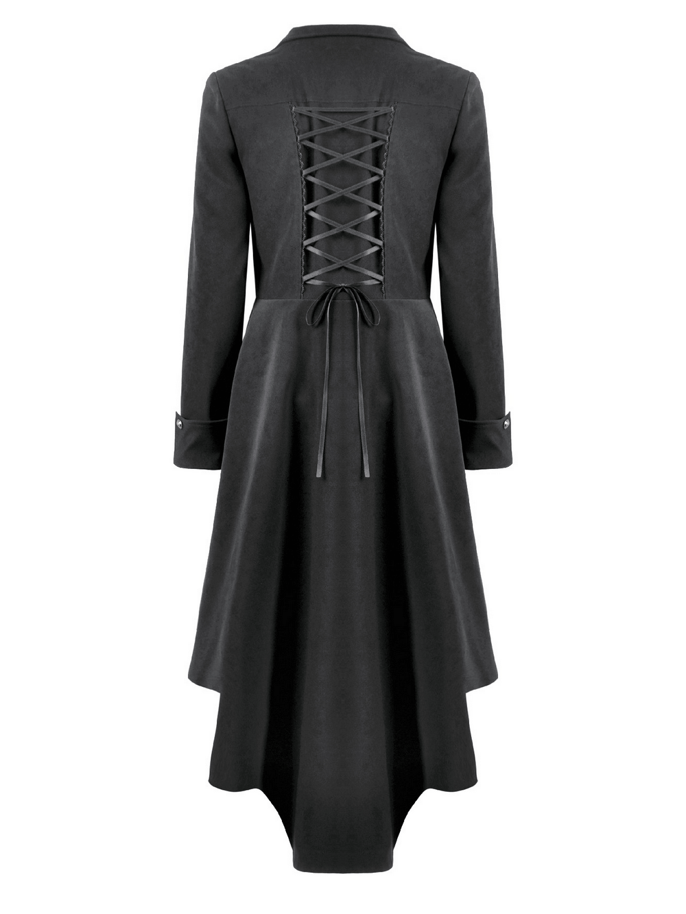 Women's Gothic High-Low Coat with Buckles and Lace-Up showcasing the corset lace-up back and elegant high-low design.