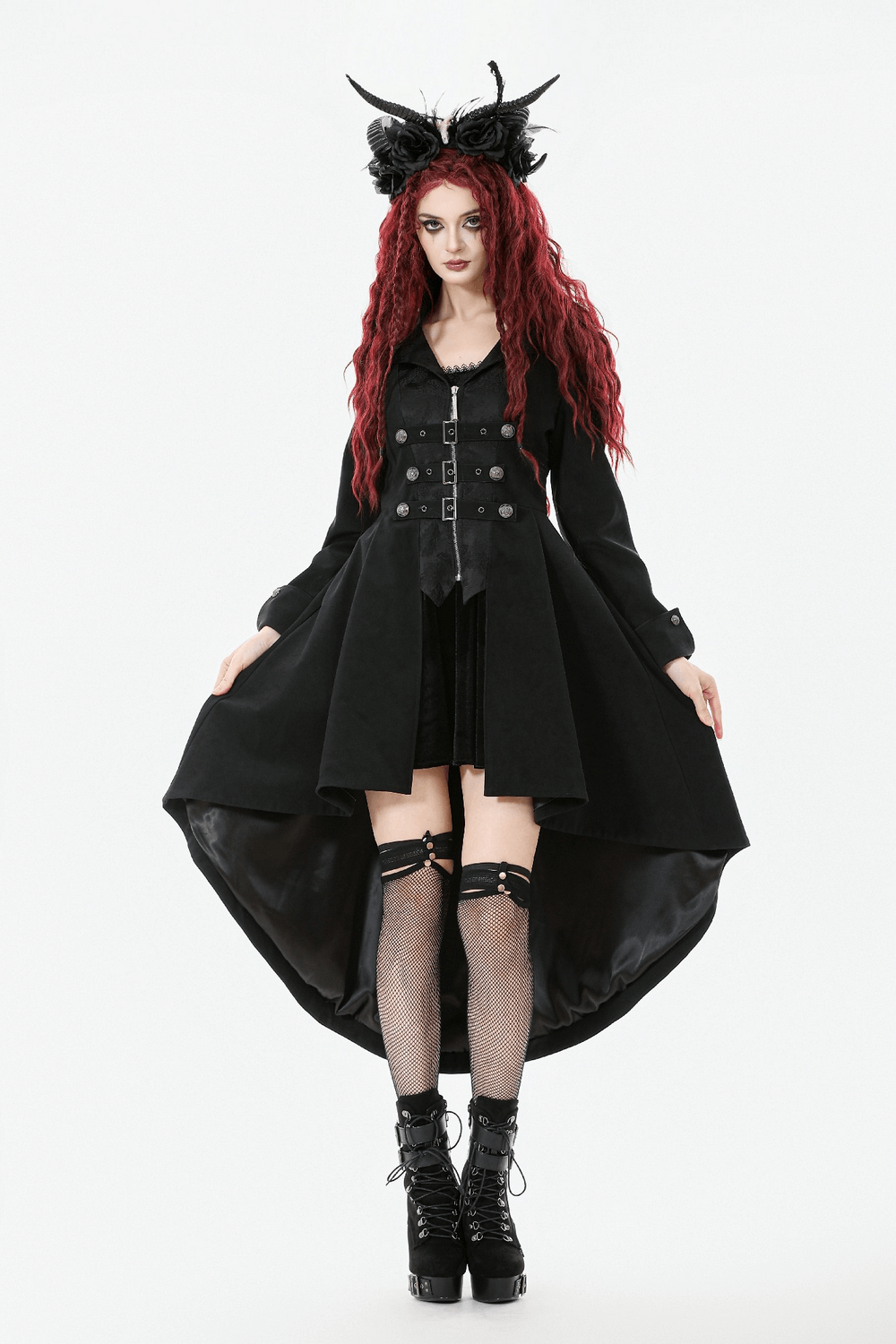 Women's Gothic High-Low Coat with Buckles and Lace-Up on model showcasing elegant dark style and unique design.