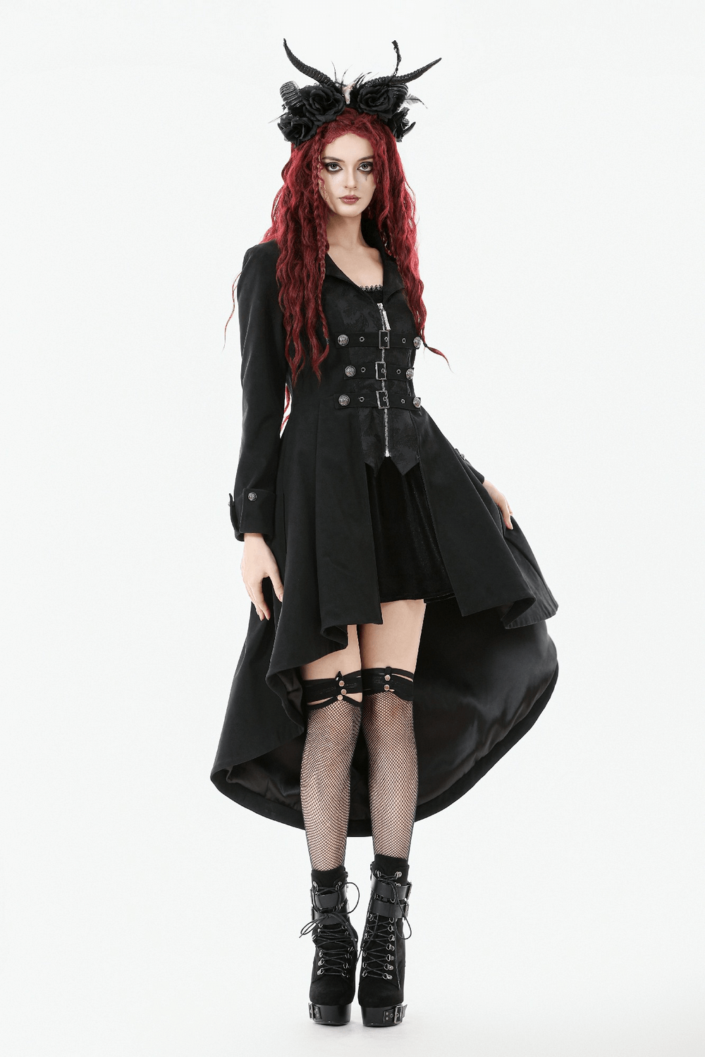 Women's Gothic High-Low Coat with Buckles and Lace-Up styled with gothic accessories and dramatic high-low hemline.