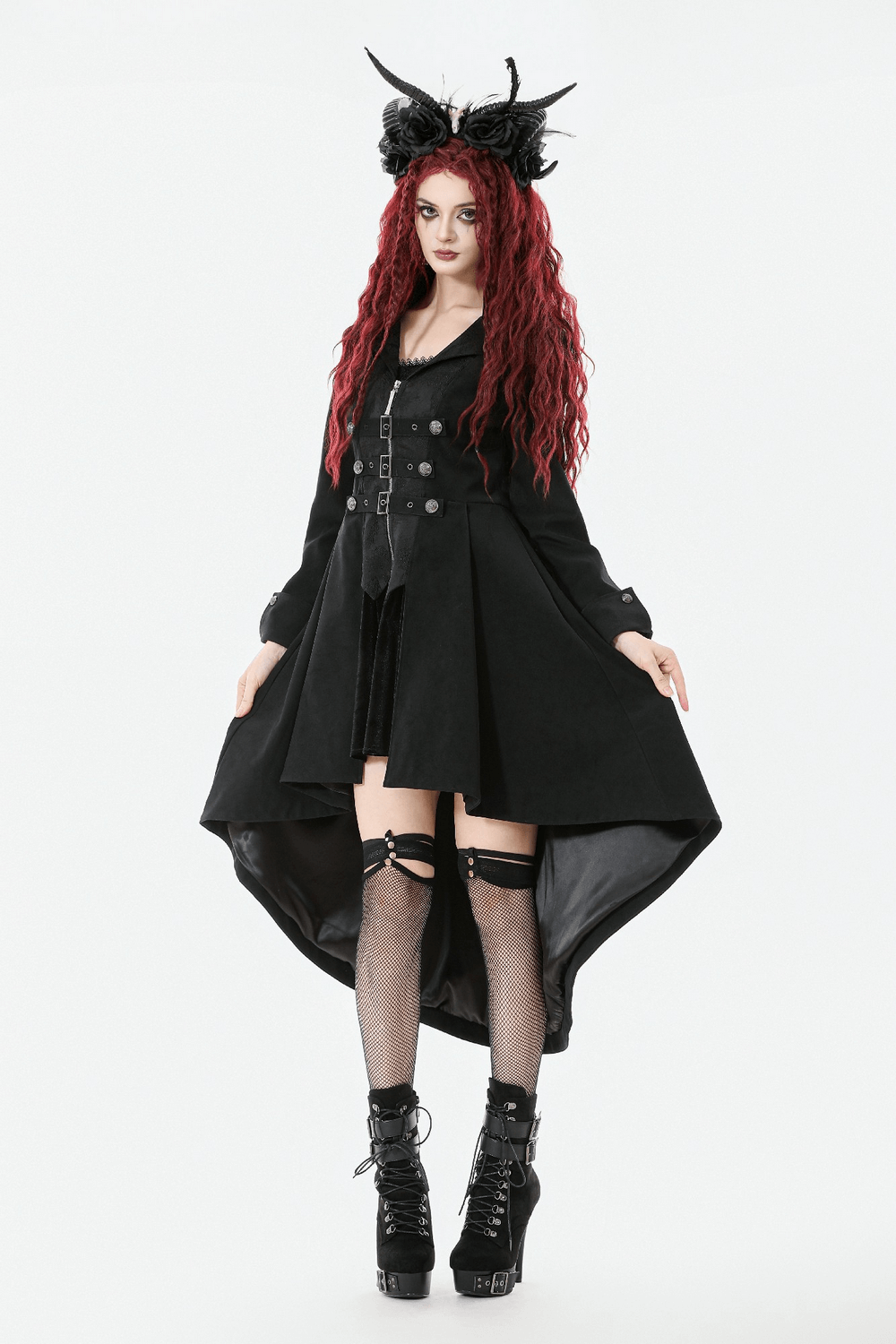 Women's Gothic High-Low Coat with Buckles and Lace-Up worn by model with long red hair and accessories
