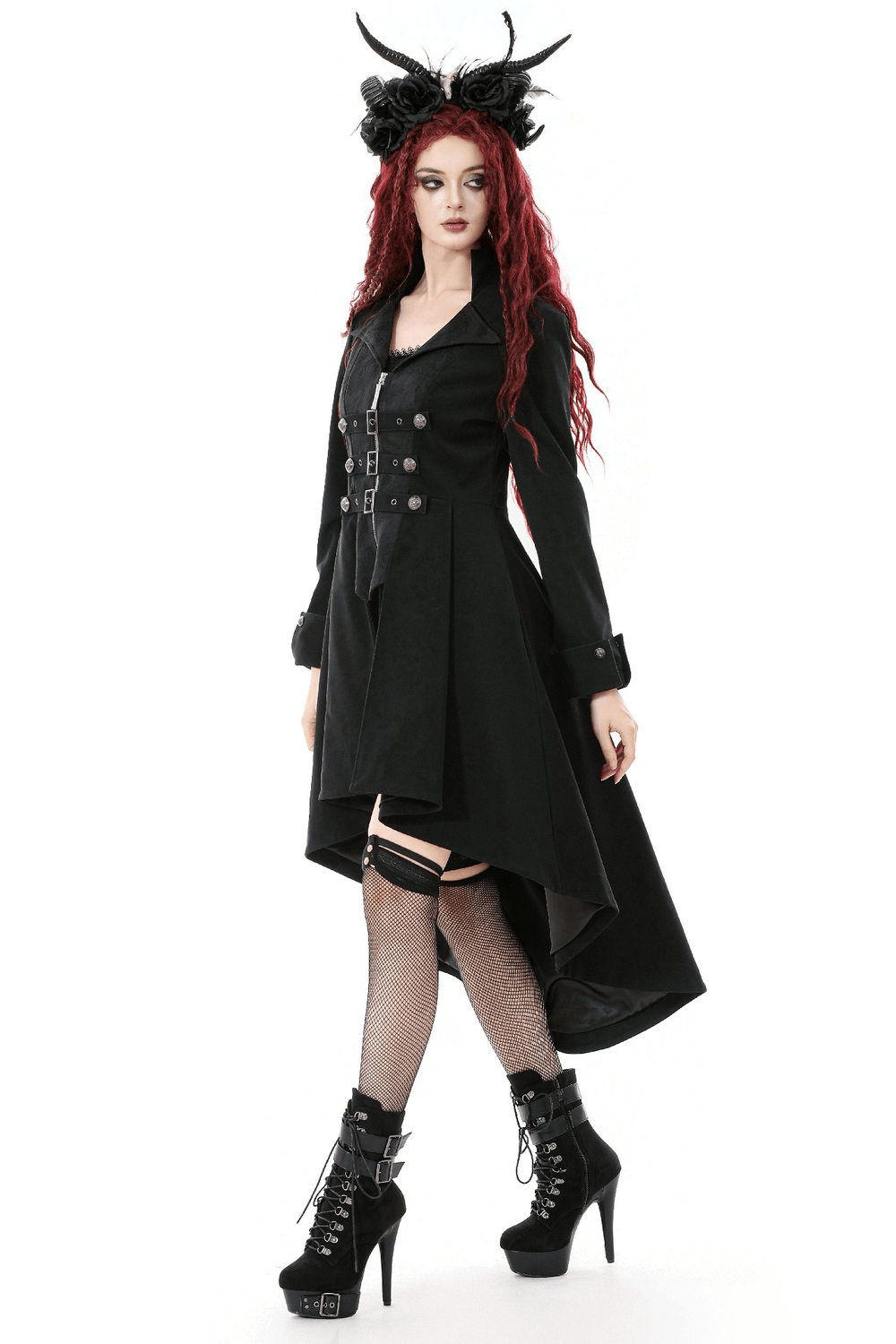 Women's Gothic High-Low Coat with Buckles and Lace-Up showcasing elegance and dark edge.