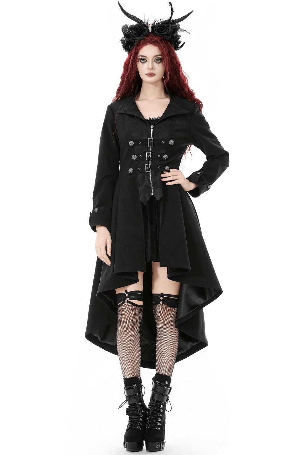 Women's Gothic High-Low Coat with Buckles and Lace-Up worn by a model showcasing the elegant Victorian design.