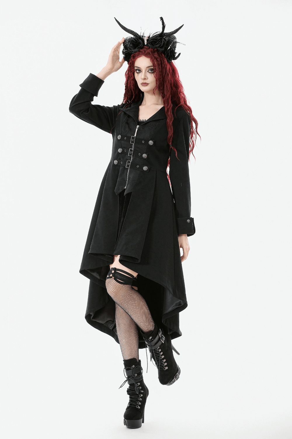 Women's Gothic High-Low Coat with Buckles and Lace-Up worn by a model with red hair and black accessories.