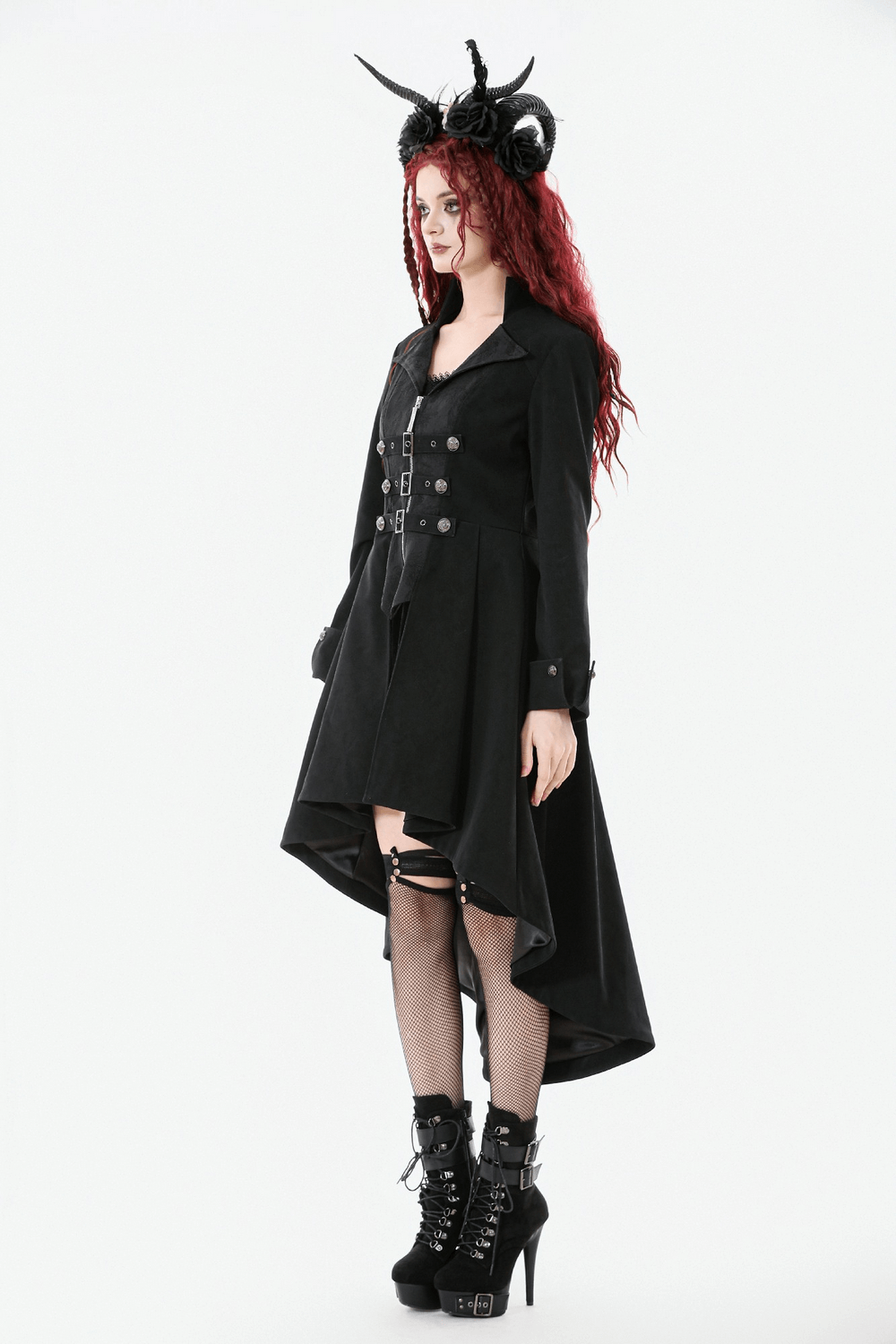 Women's Gothic High-Low Coat with Buckles and Lace-Up featuring a stylish asymmetrical hem and chic corset design.