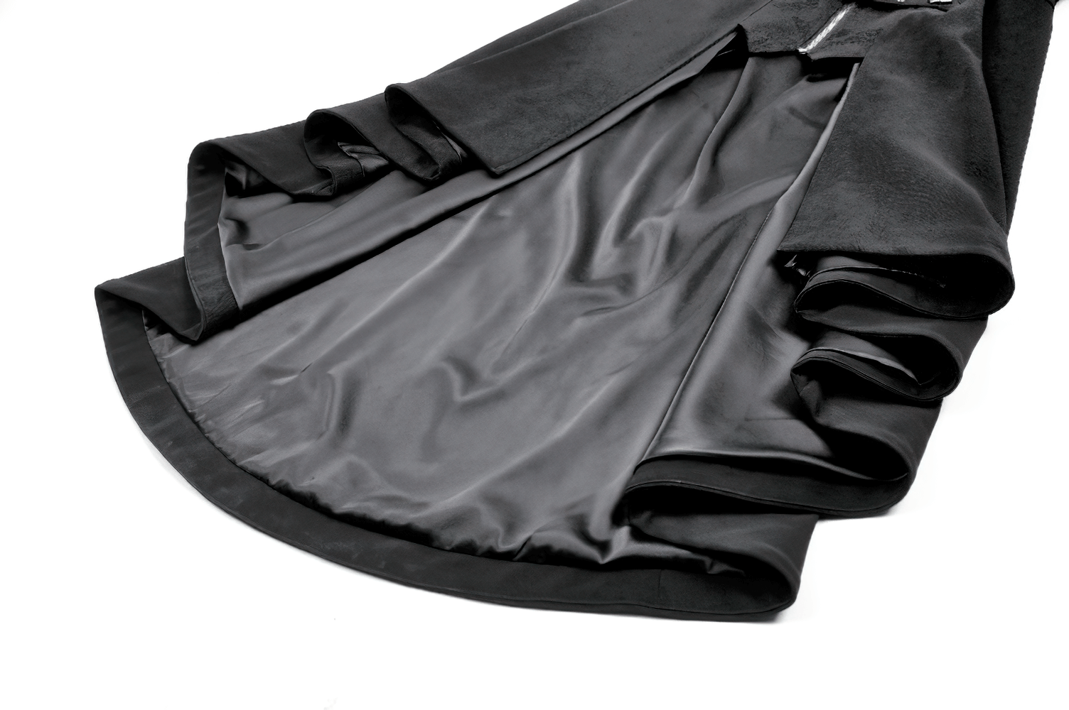 Women's Gothic High-Low Coat with Buckles and Lace-Up showing intricate black fabric and elegant high-low hem.