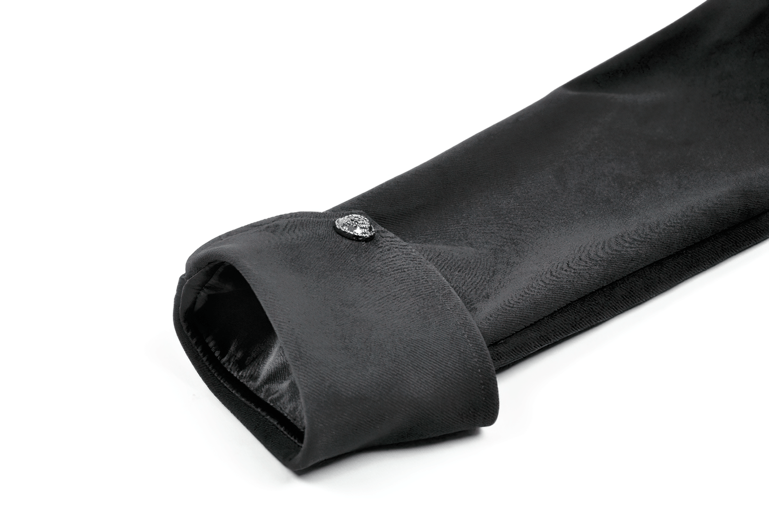 Close-up of the cuff with decorative button of Women's Gothic High-Low Coat with Buckles and Lace-Up.