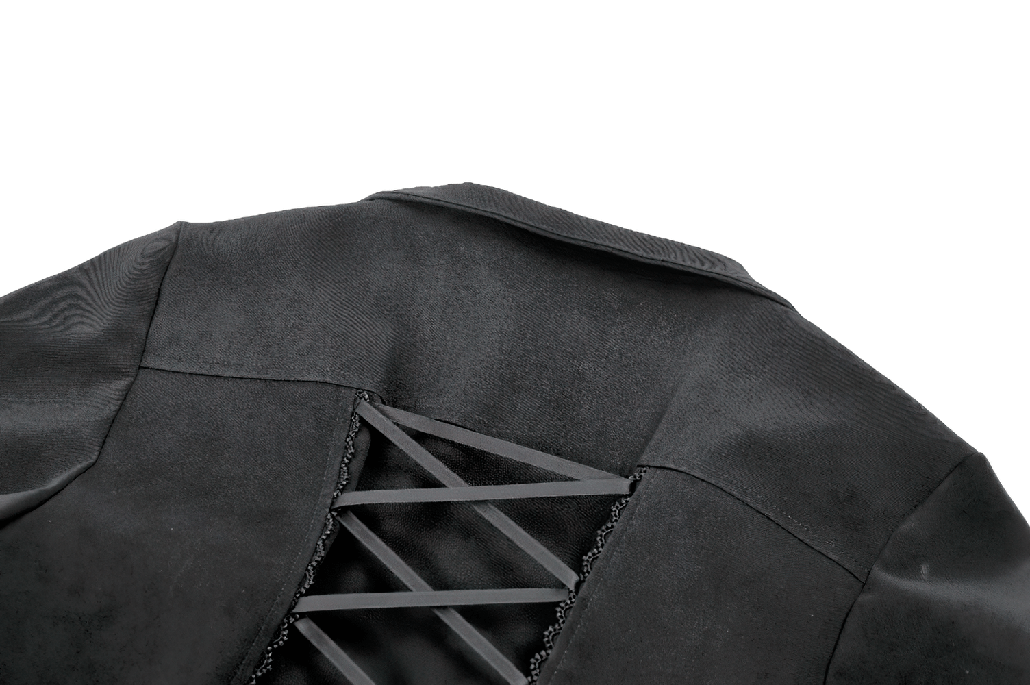 Close-up of Women's Gothic High-Low Coat with Buckles and Lace-Up showcasing the lace-up corset back detail.