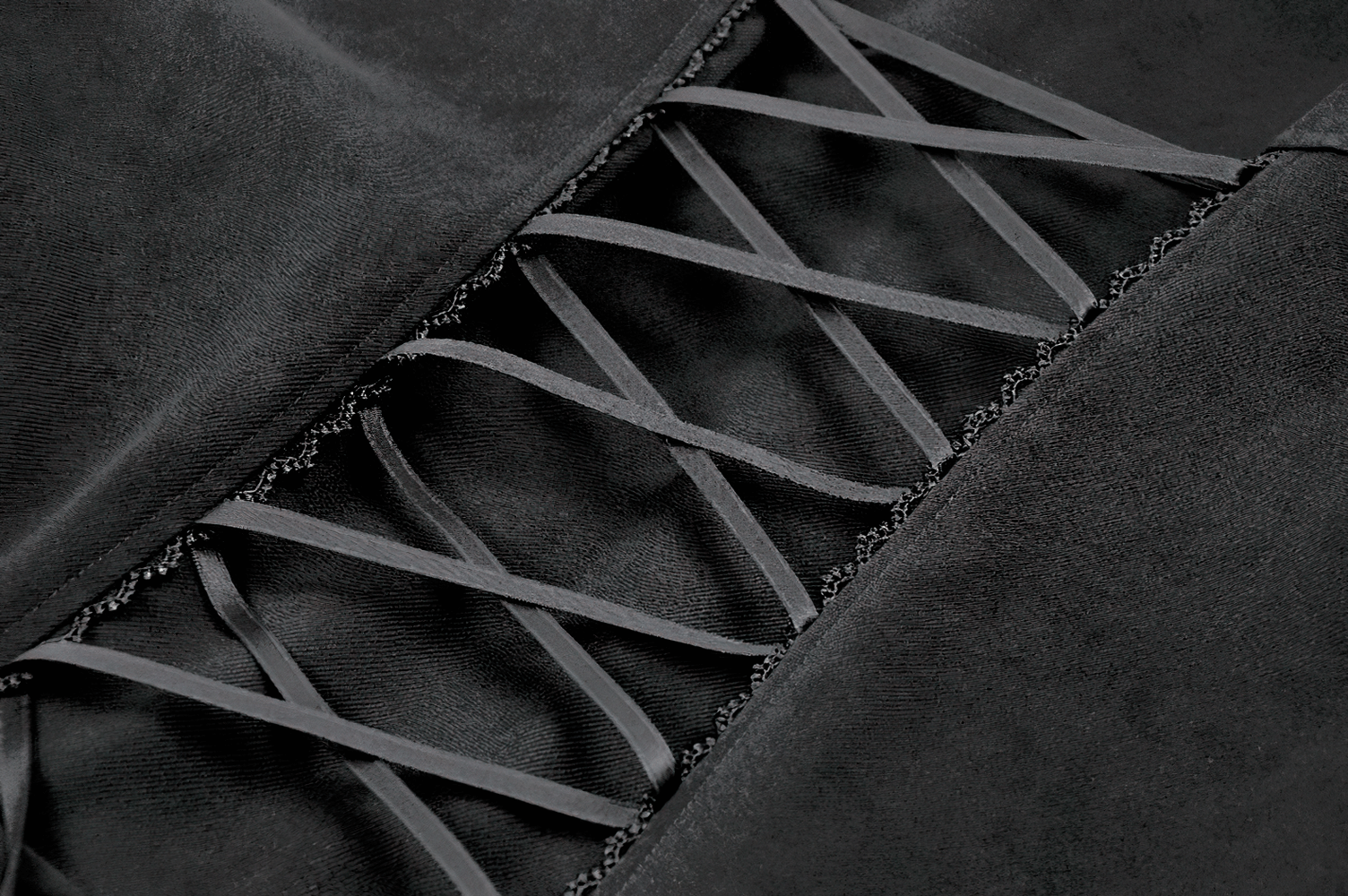 Women's Gothic High-Low Coat with Buckles and Lace-Up close-up of lace detailing on corset back.