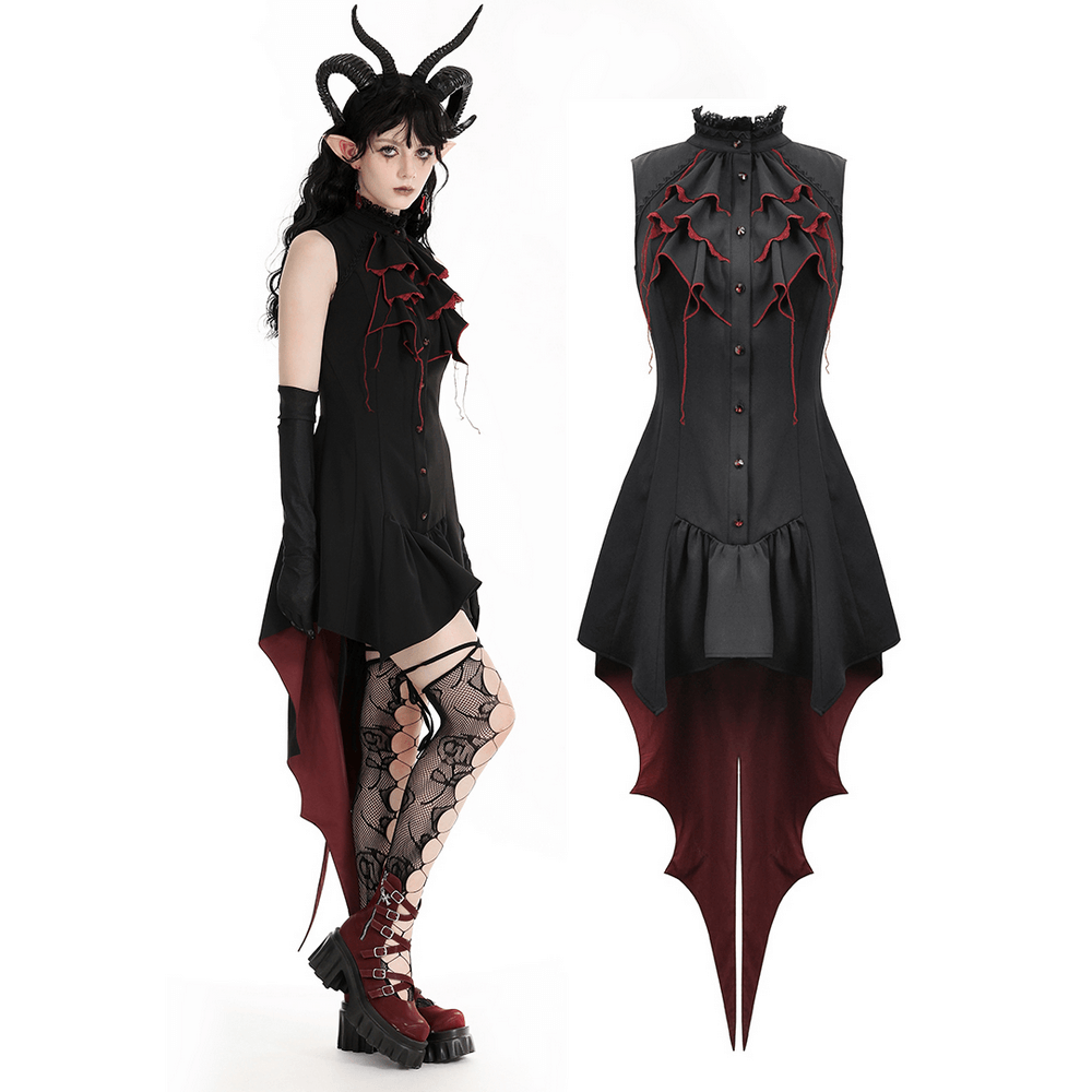 Women's Gothic high-low dress with ruffles, black with red accents, perfect for Halloween and cosplay.