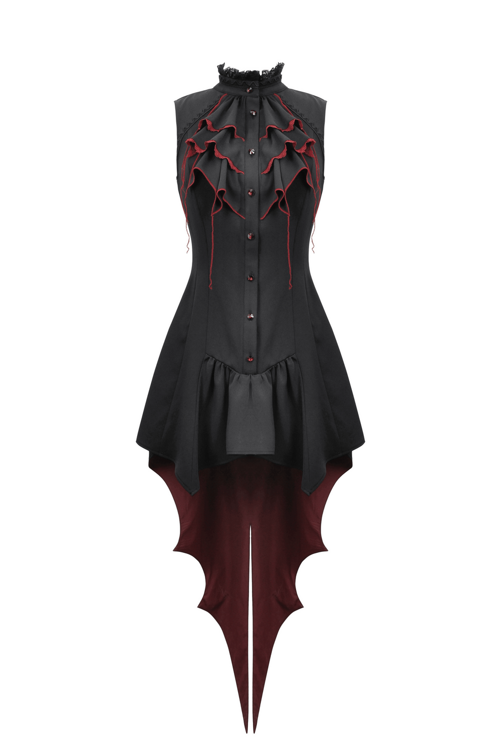 Women's Gothic High-Low Hemline Dress with Ruffles and Red Accents, perfect for bold statements.