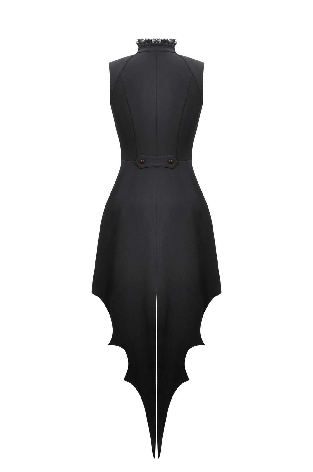 Back view of a Women's Gothic High-Low Dress with ruffles and unique bat wing hemline, perfect for dramatic occasions.