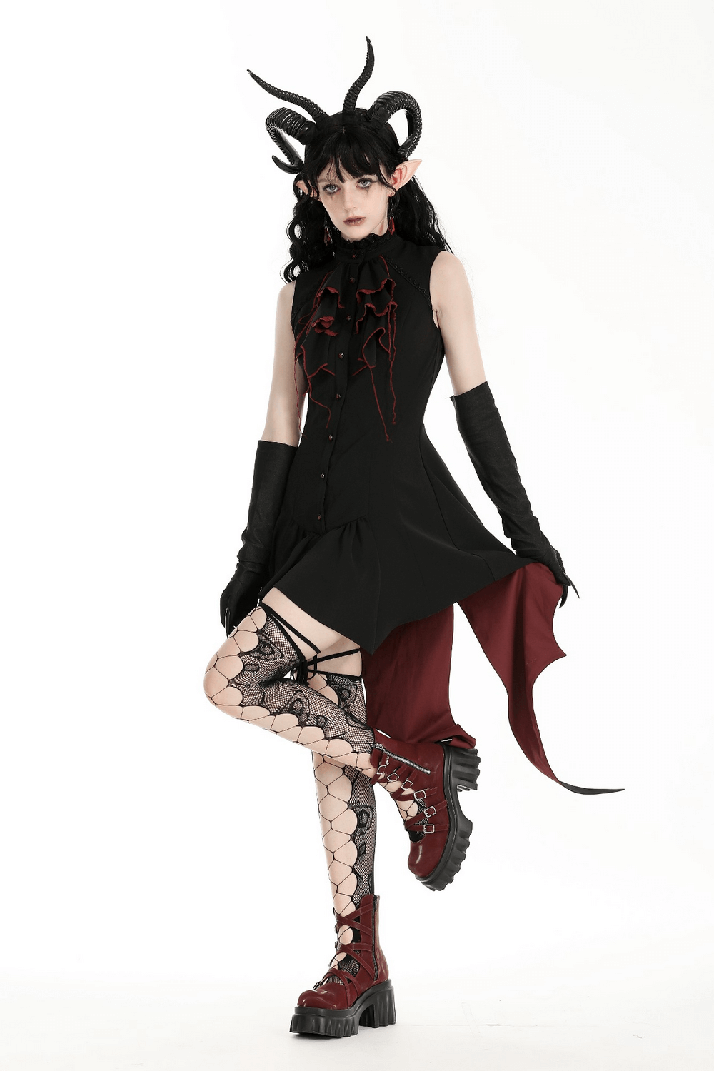 Gothic high-low dress with ruffles, black and red accents, perfect for Halloween or cosplay.