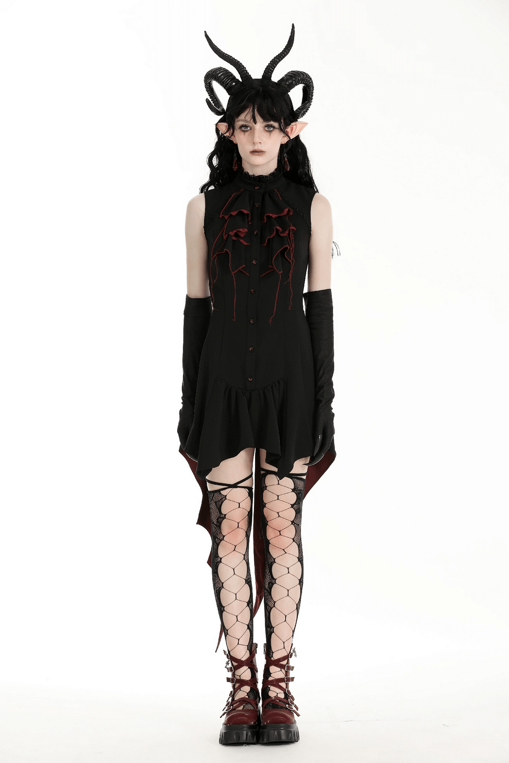 Gothic high-low dress with ruffles, fishnet stockings, and bold accessories perfect for Halloween or cosplay.