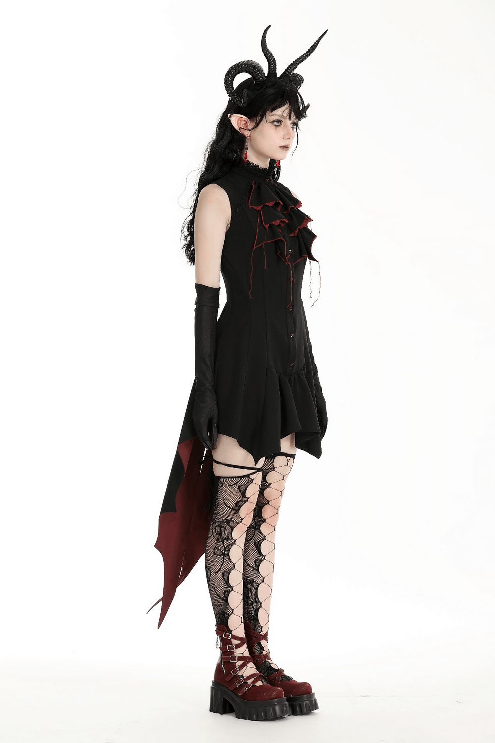 Women's gothic high-low dress with ruffles, black and red accents, perfect for bold cosplay and Halloween looks.