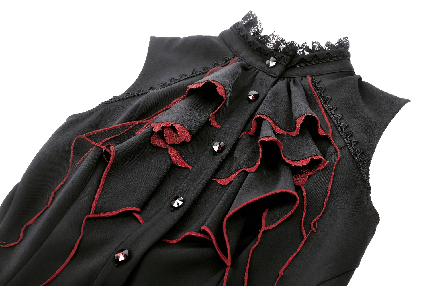 Black gothic dress with red ruffles and lace, featuring a stylish high-low design for dramatic flair.