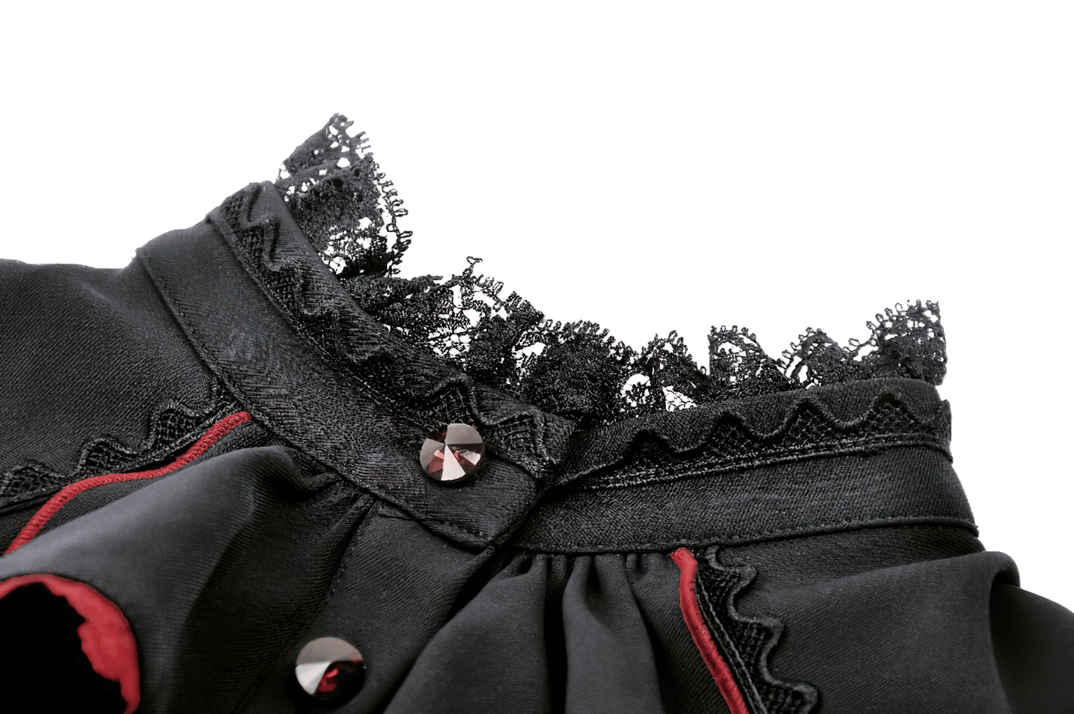 Close-up of the black ruffled collar with red accents from a women's gothic high-low dress.