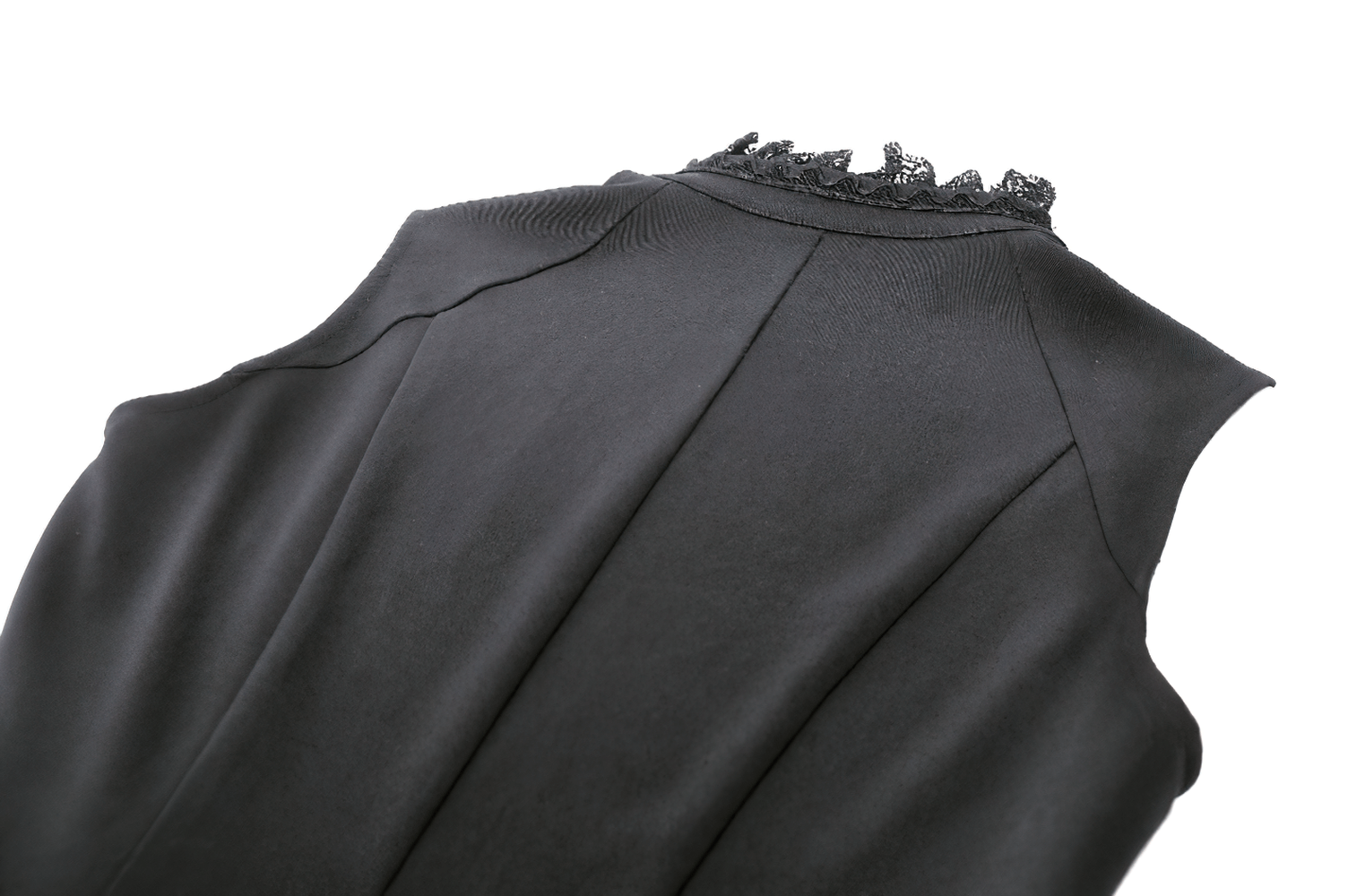 Back view of women's gothic high-low dress with ruffled neckline and sleek black fabric.