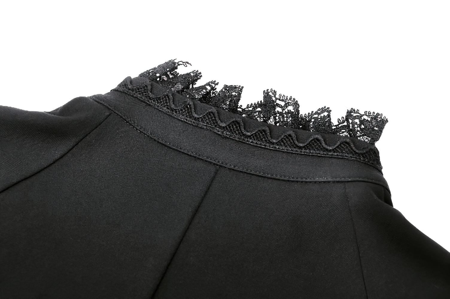 Close-up of the ruffled collar on a black gothic high-low dress, showcasing intricate lace detailing.