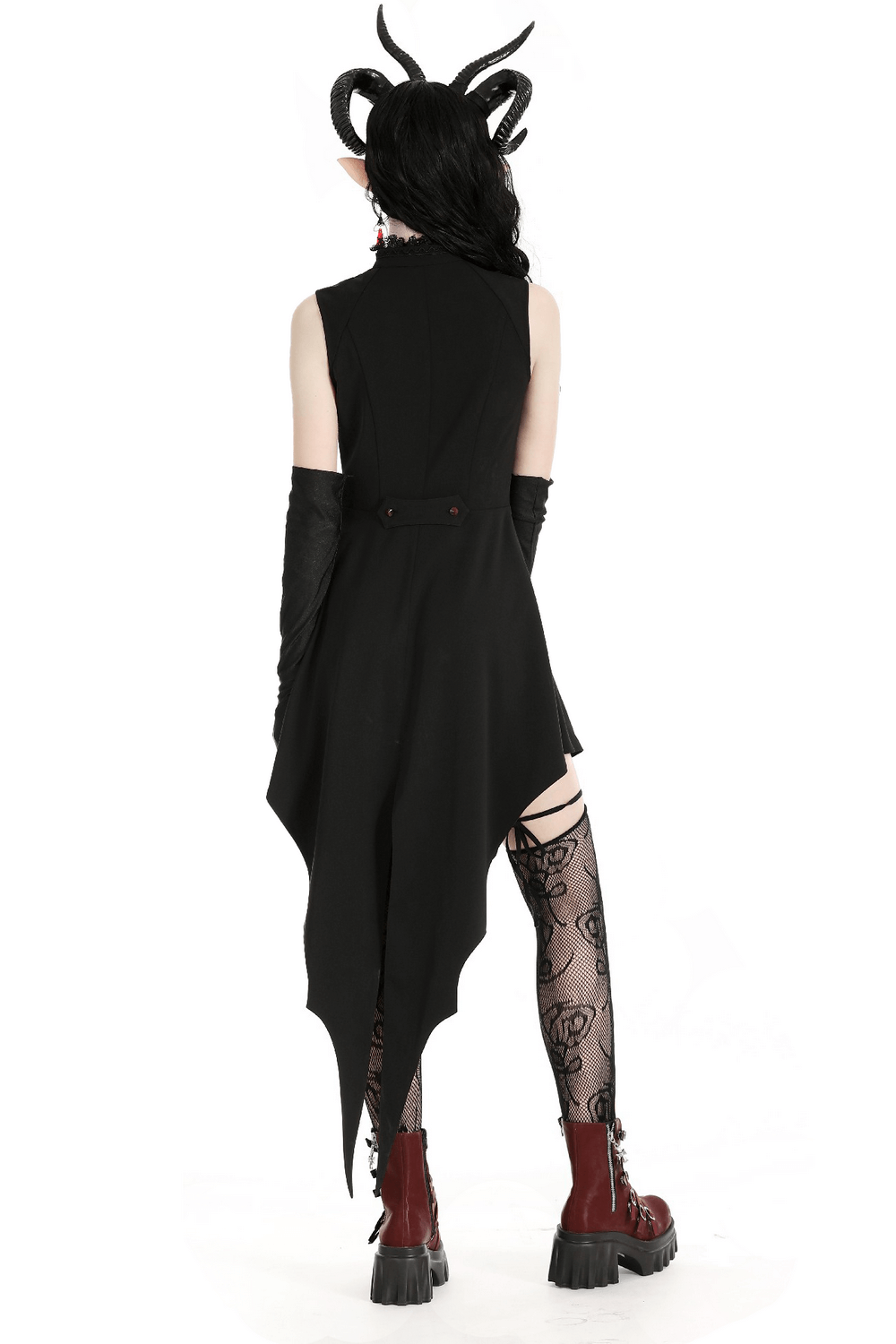 Back view of a women's gothic high-low dress with ruffles, styled with gloves and unique accessories.