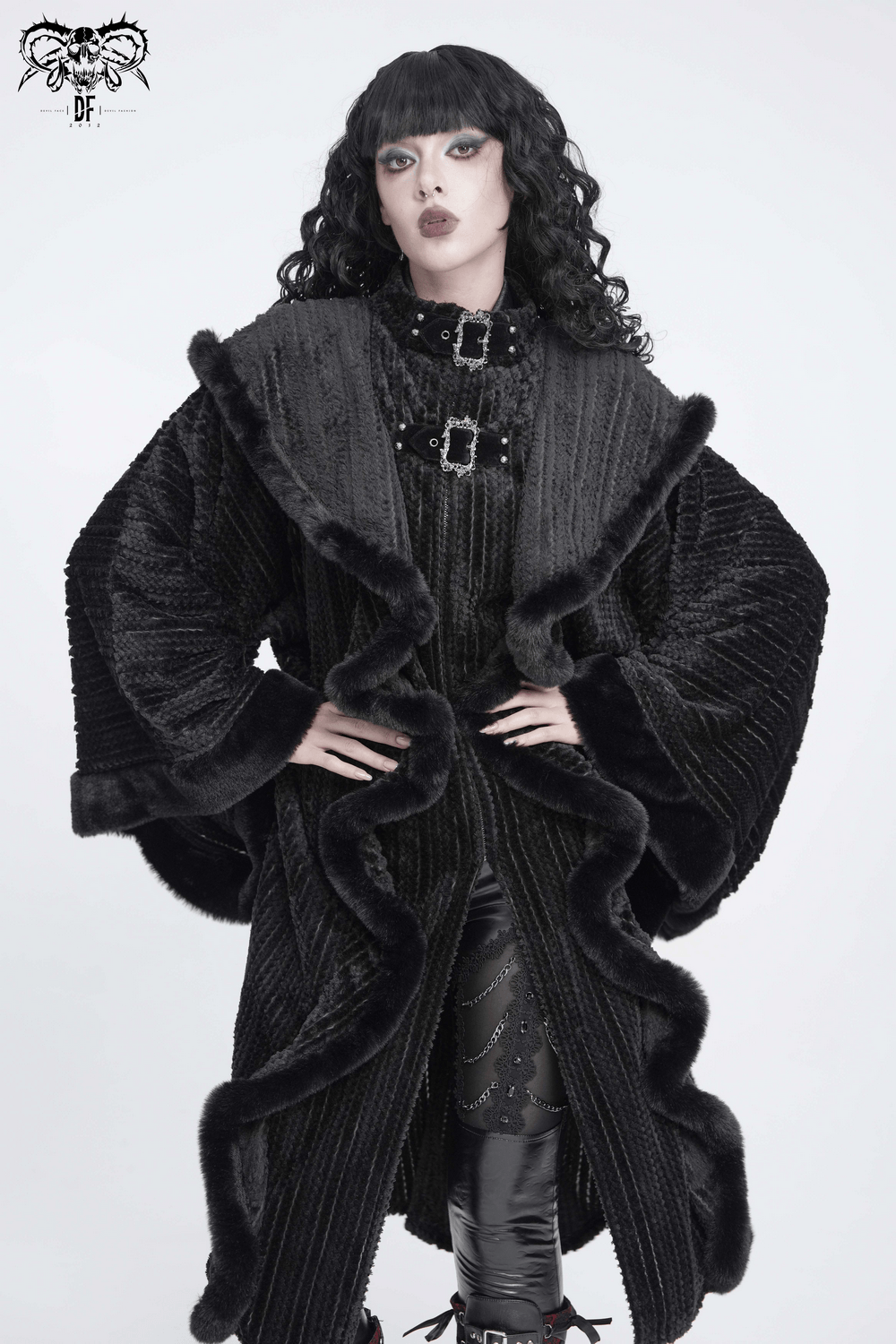 Women's Gothic Hooded Cape Coat with Soft Faux Fur Trim black goth poncho coat with buckle details and dramatic sleeves