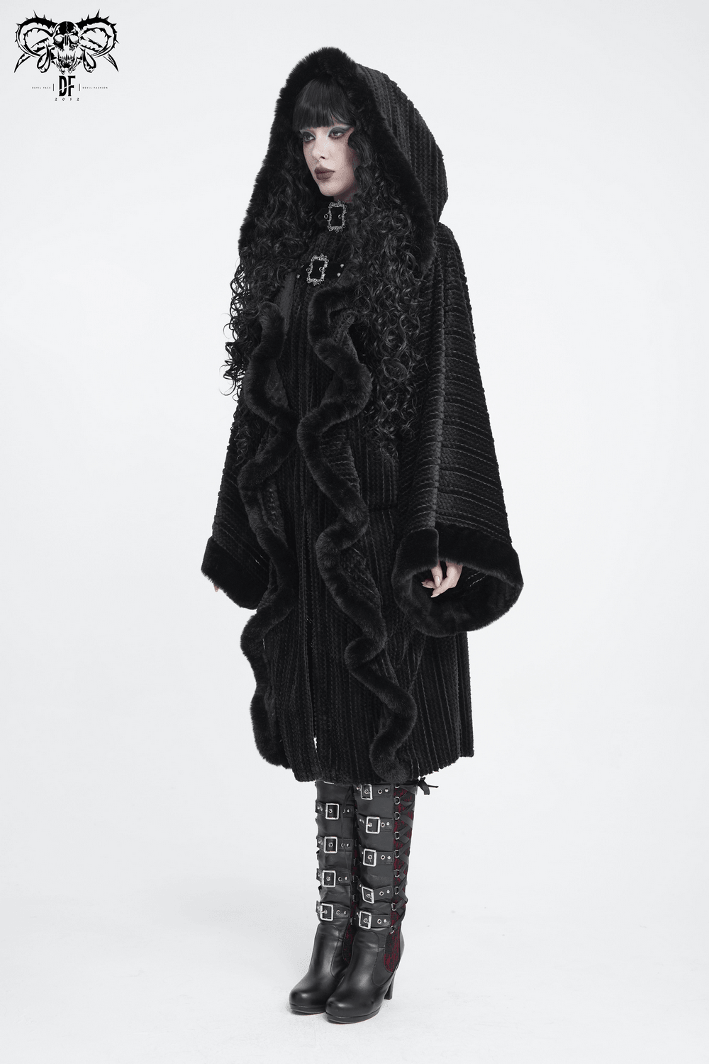 Women's Gothic Hooded Cape Coat with Soft Faux Fur Trim, dramatic black punk cloak with shaggy panels and metal buckle accents