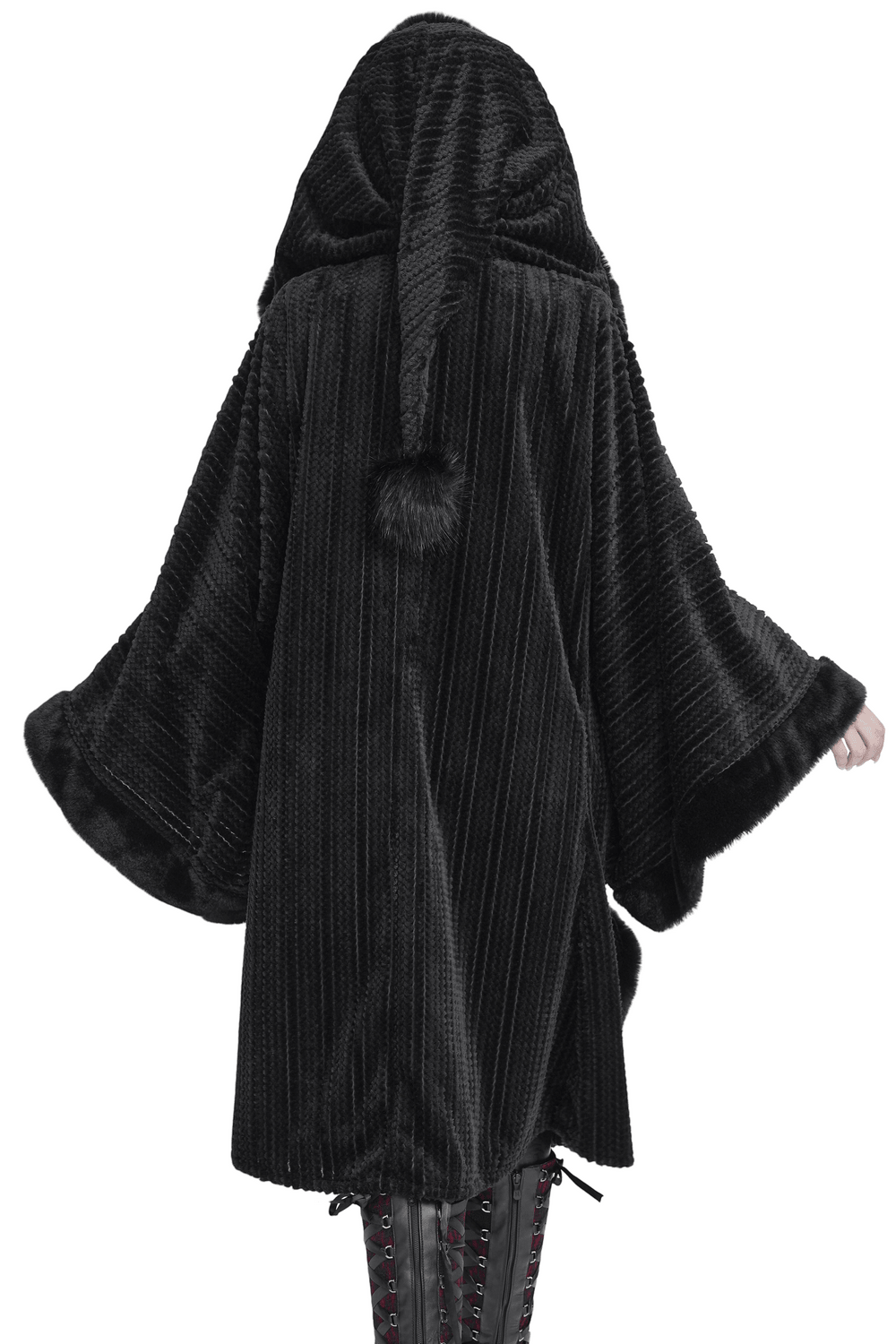 Women's Gothic Hooded Cape Coat with Soft Faux Fur Trim black hooded poncho coat with shaggy faux fur and dramatic bell sleeves