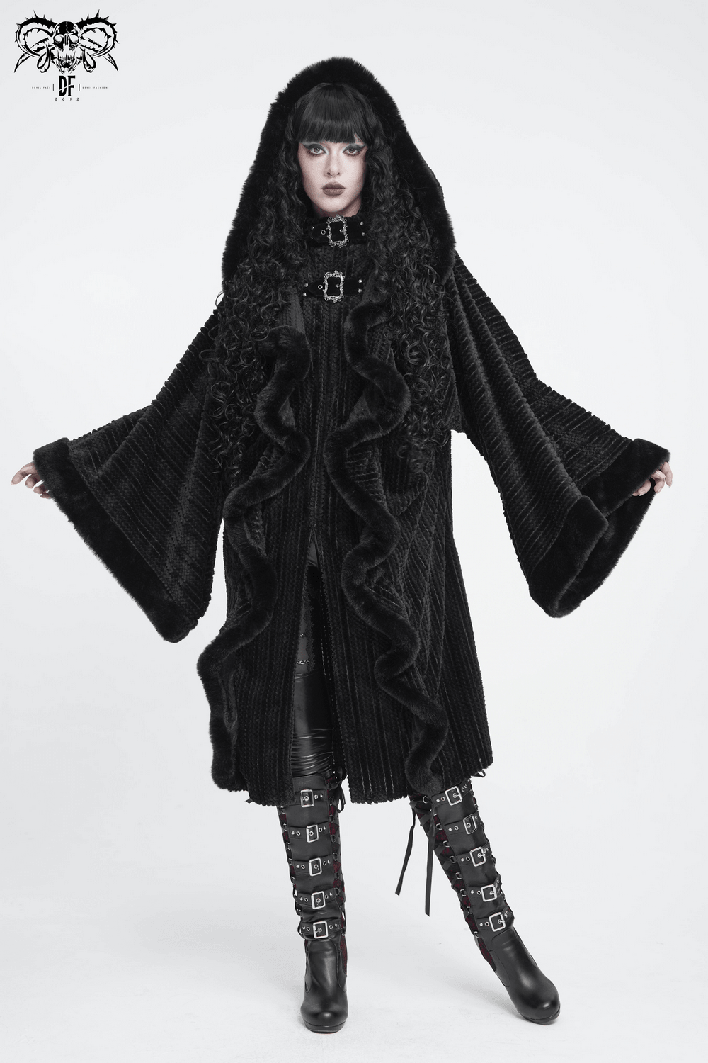 Women's Gothic Hooded Cape Coat with Soft Faux Fur Trim, dramatic black punk coat with bell sleeves and buckle details