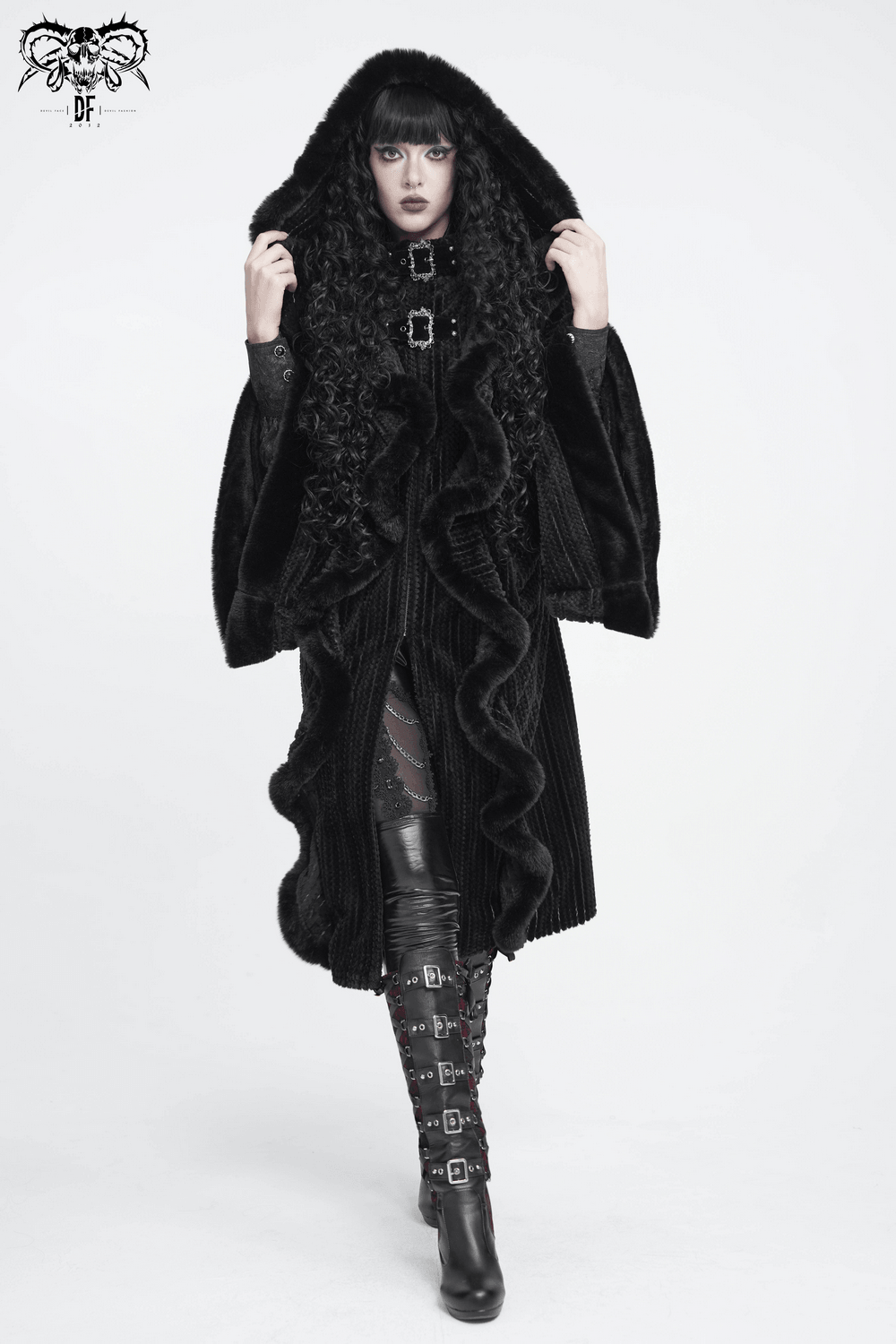 Women's Gothic Hooded Cape Coat with Soft Faux Fur Trim, black hooded poncho coat with punk buckle details and faux fur accents