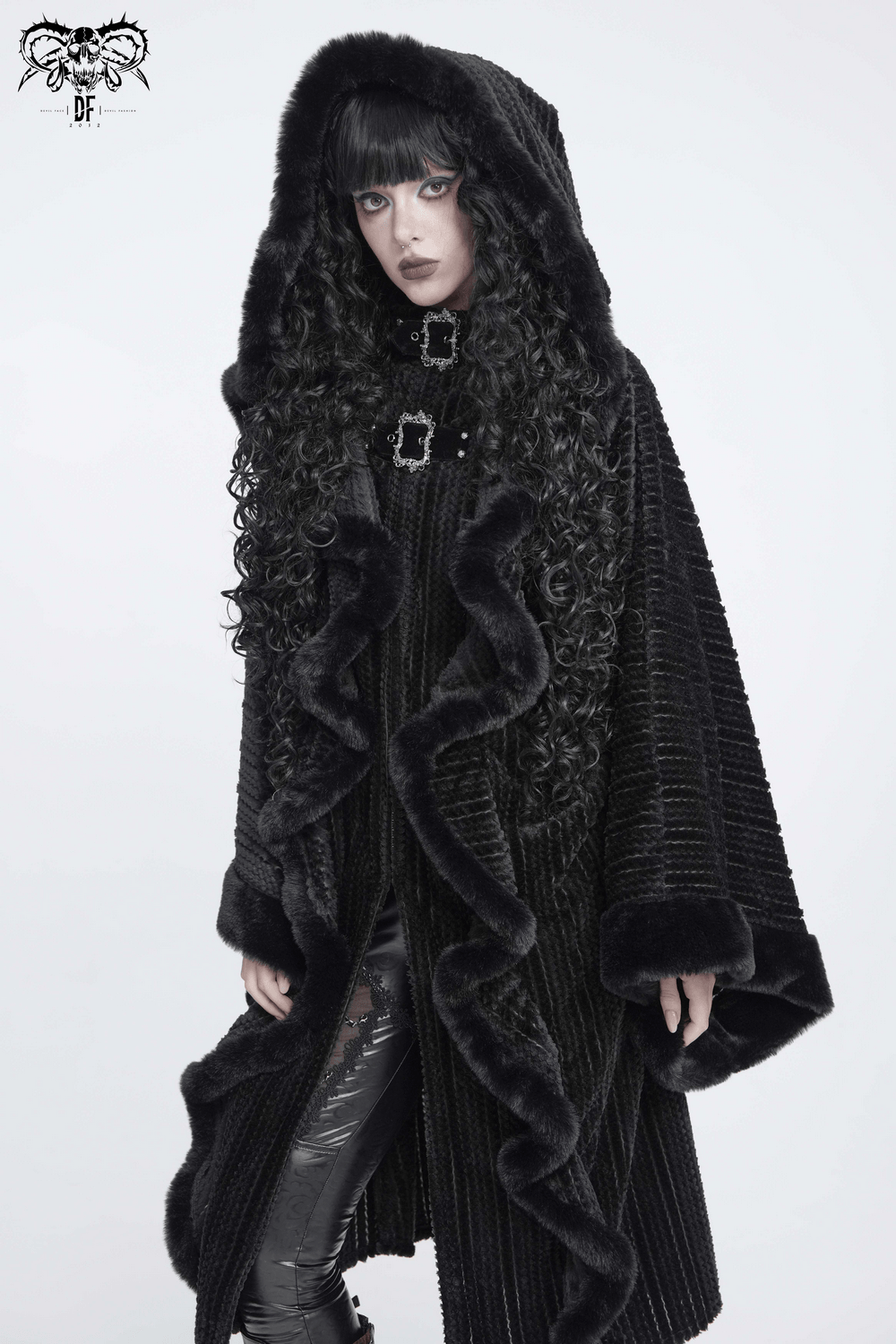 Women's Gothic Hooded Cape Coat with Soft Faux Fur Trim, black hooded poncho coat with dramatic faux fur and punk buckles