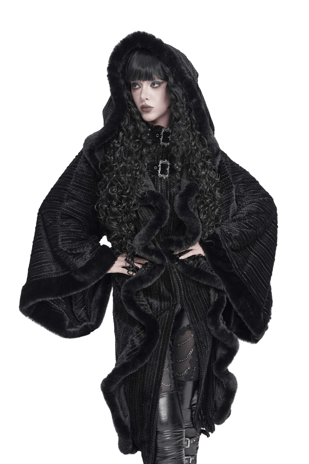 Women's Gothic Hooded Cape Coat with Soft Faux Fur Trim black hooded punk cape coat with buckle details and dramatic sleeves