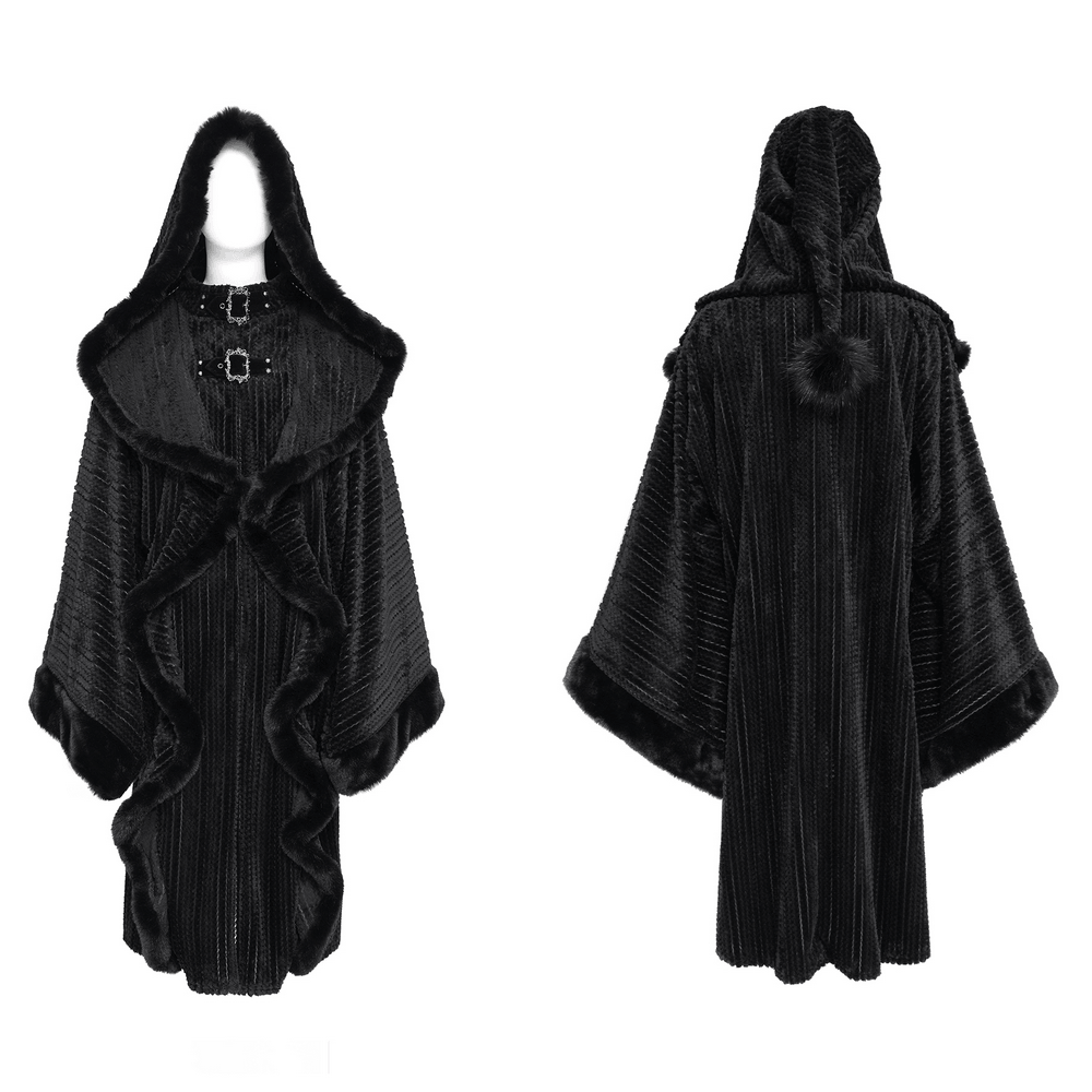 Women's Gothic Hooded Cape Coat with Soft Faux Fur Trim black hooded poncho coat with buckle accents, shaggy trim, and dramatic cape silhouette