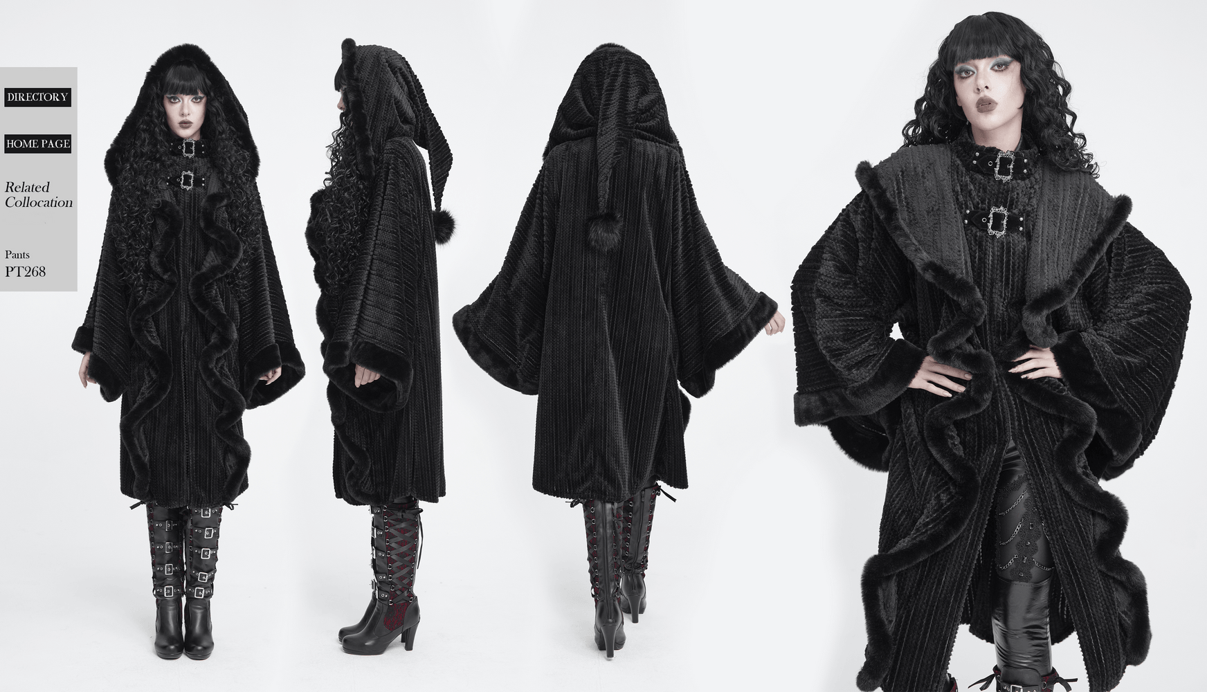 Women's Gothic Hooded Cape Coat with Soft Faux Fur Trim black hooded poncho coat with dramatic panels and punk buckle details