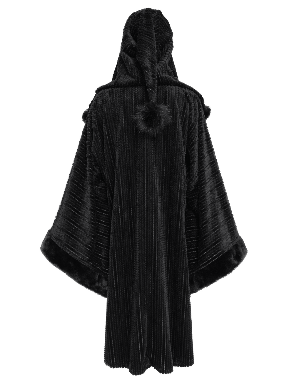 Women's Gothic Hooded Cape Coat with Soft Faux Fur Trim black hooded poncho with shaggy panels and dramatic punk silhouette