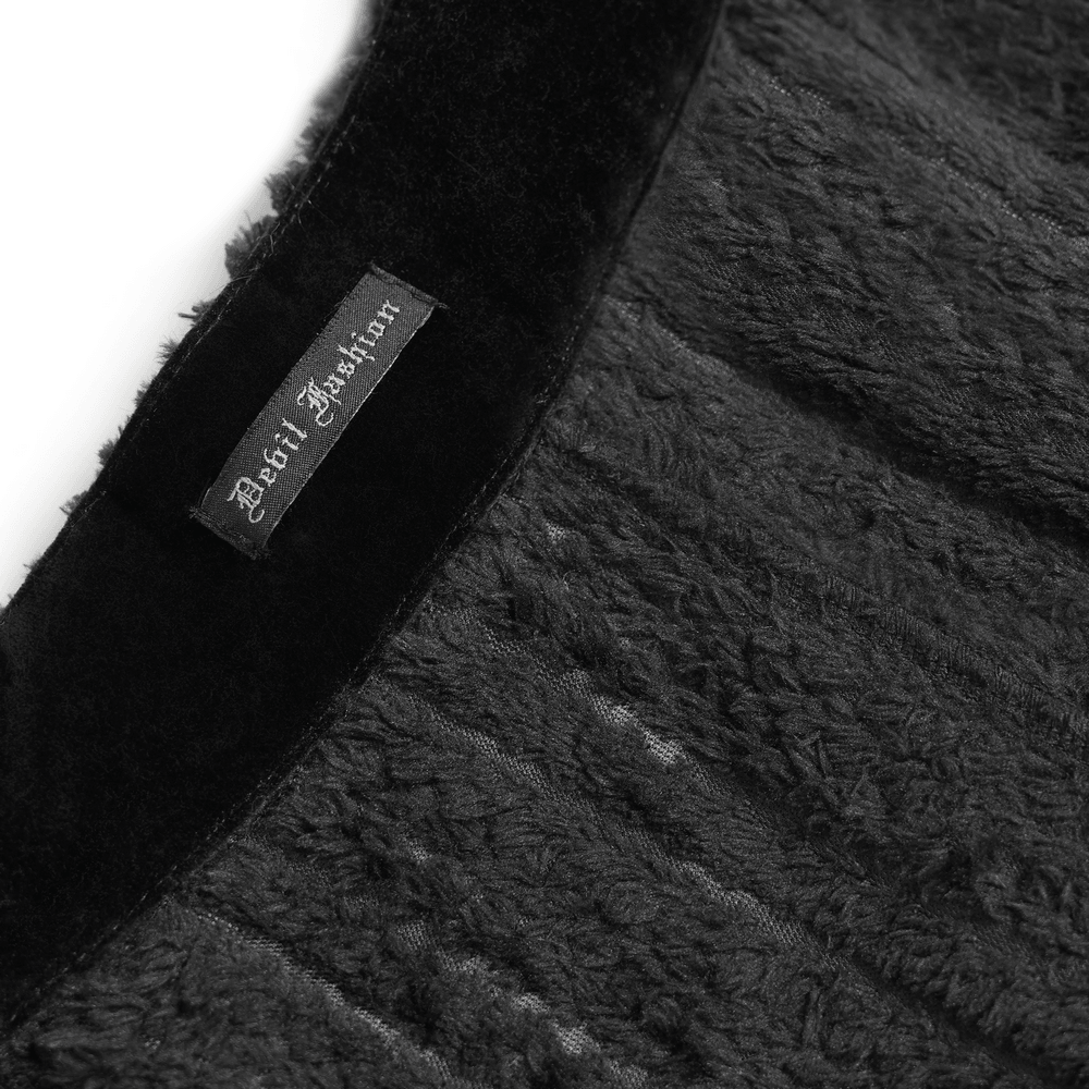 Women's Gothic Hooded Cape Coat with Soft Faux Fur Trim, close-up of plush black gothic fabric and brand label