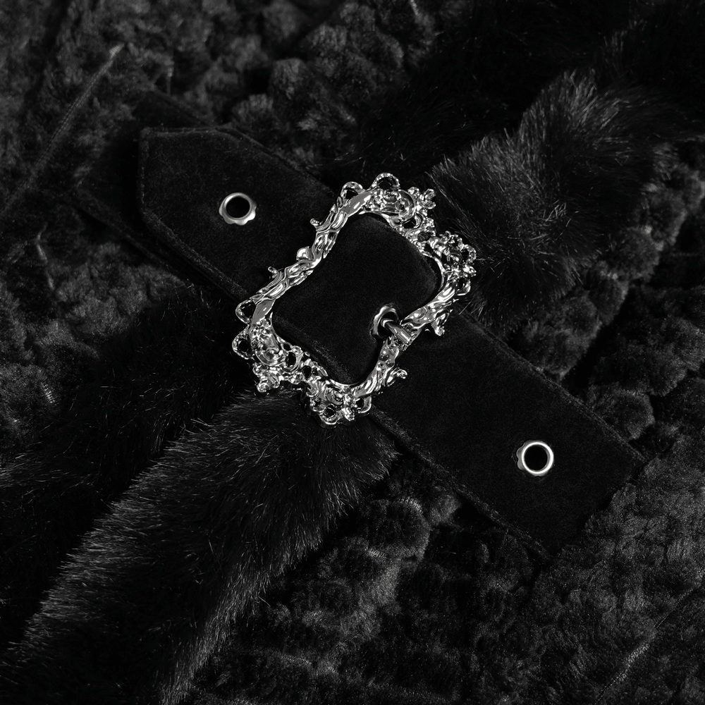 Women's Gothic Hooded Cape Coat with Soft Faux Fur Trim, black velvet buckle detail and faux fur texture